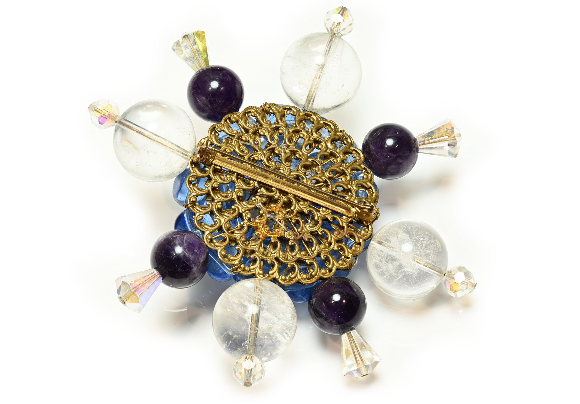 John Reubens Amethyst Rock Crystal Pearl Large Brooch vtg