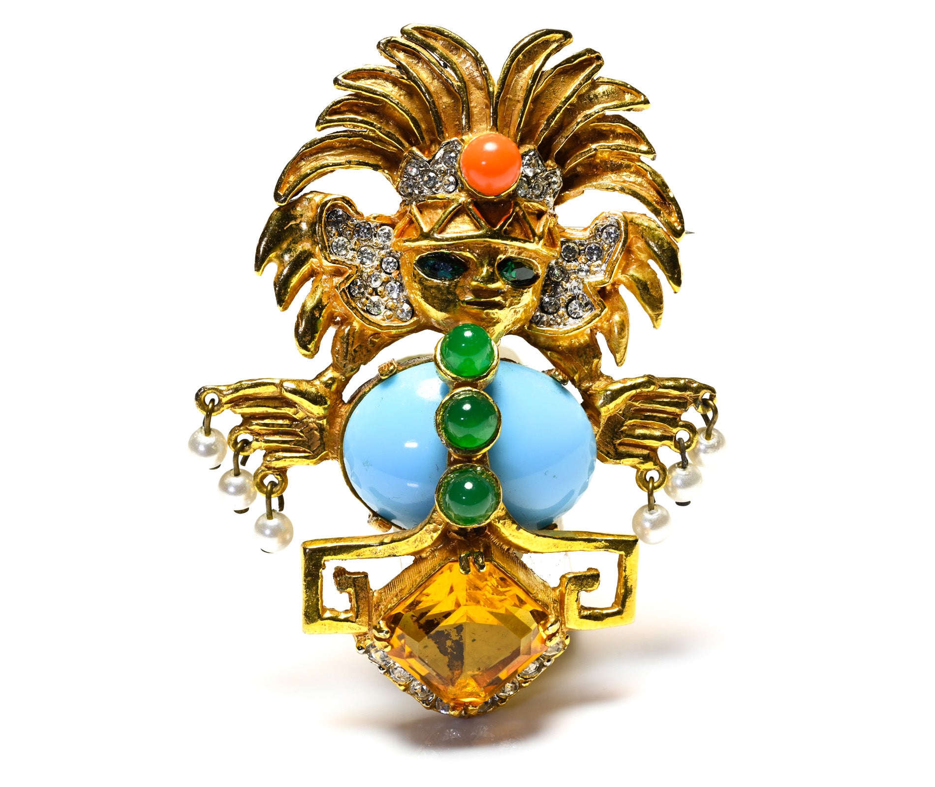 Vintage Kenneth Jay Lane Aztec Warrior Style Yellow Blue Crystal Brooc