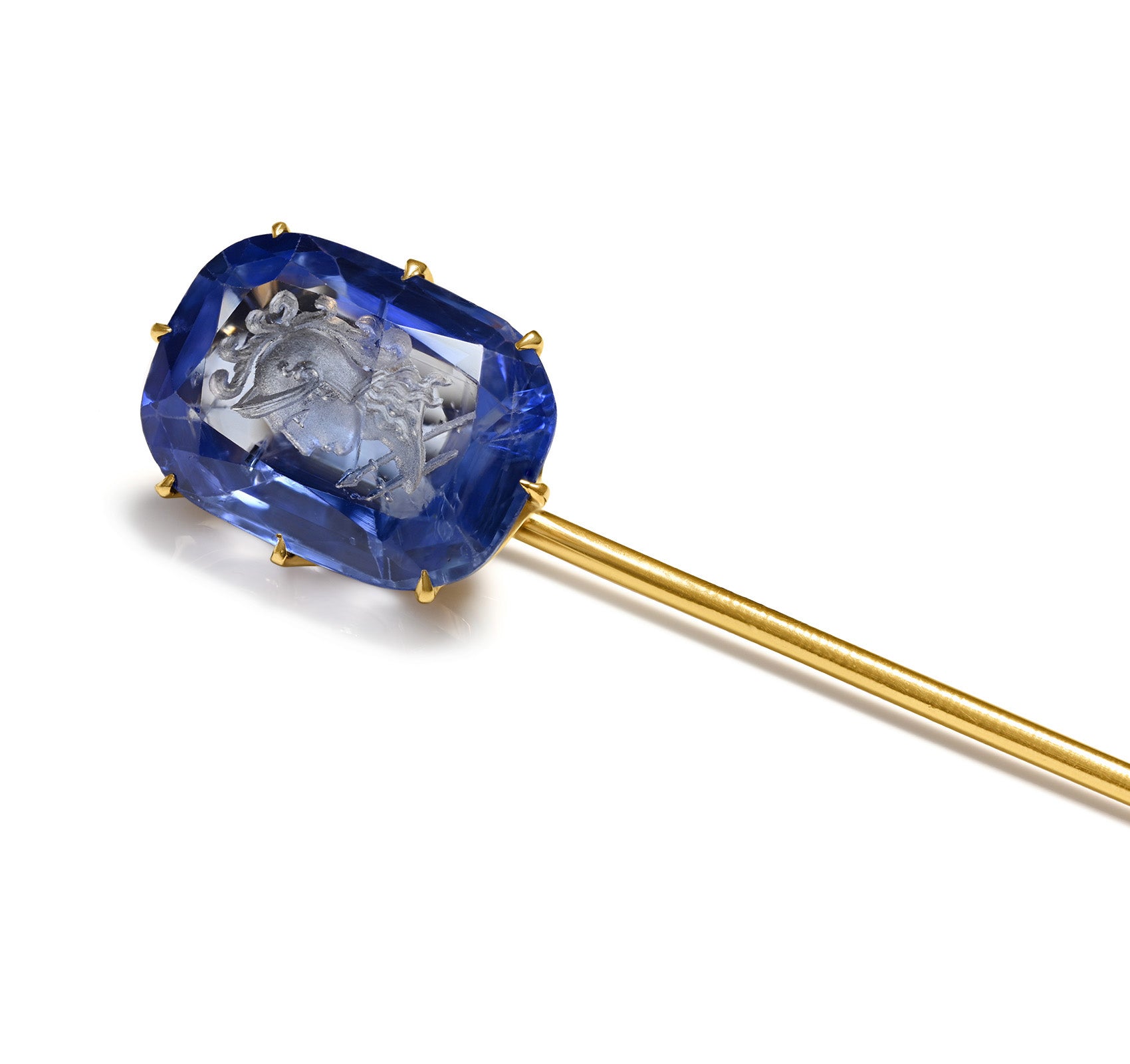 Rare Kashmir Sapphire Carved Intaglio Gold 5.20 Carats, AGL