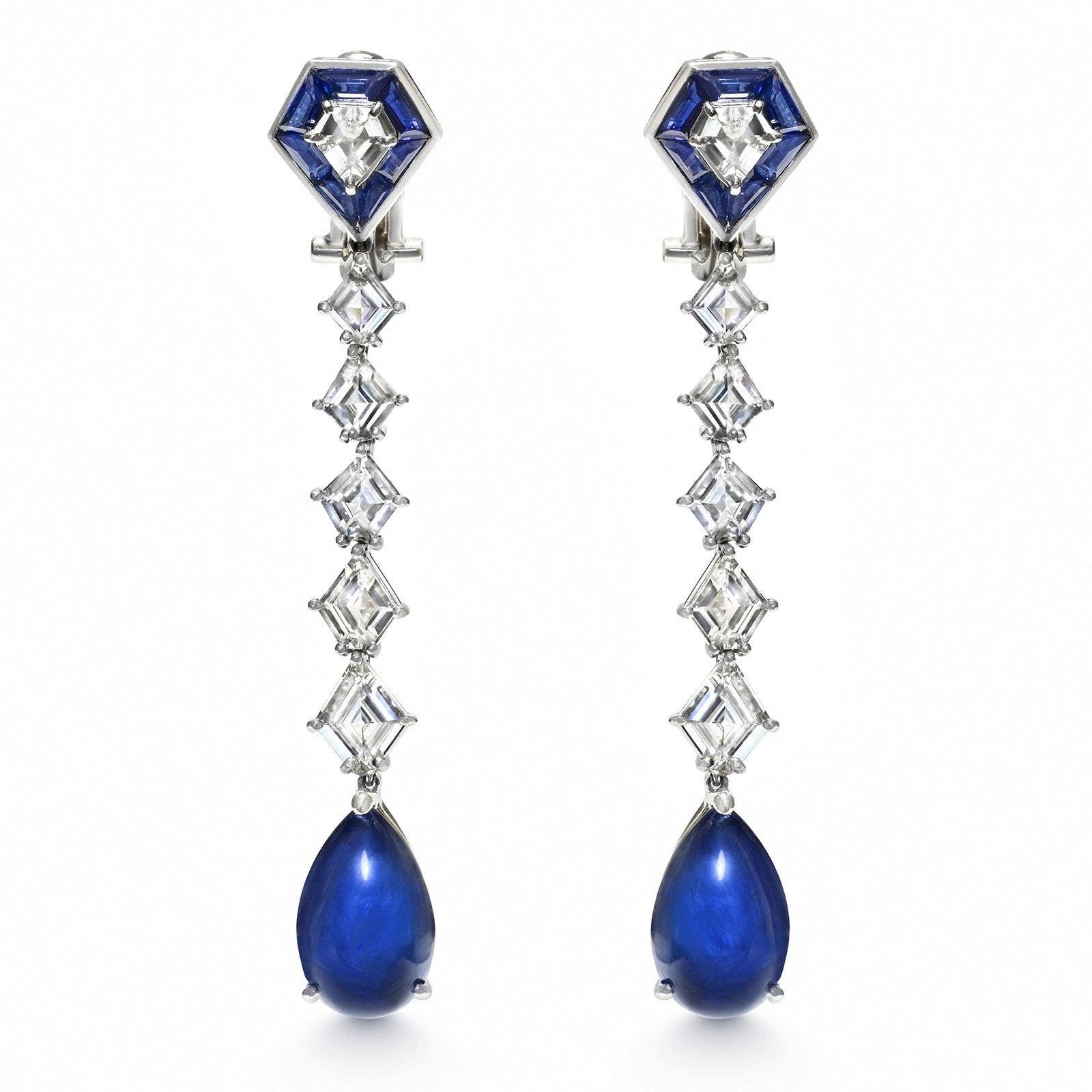 Fancy Kite Diamond Sapphire Earrings Platinum
