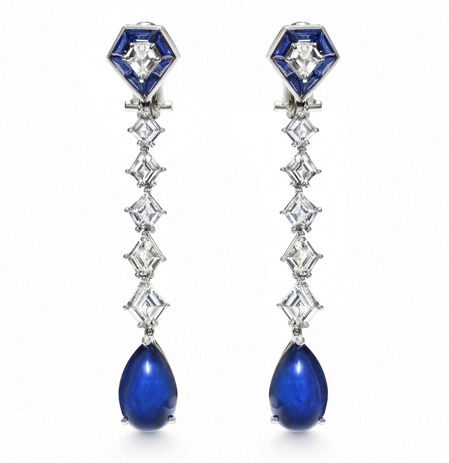 Kite Diamond and Sapphire Drop Earrings in Platinum