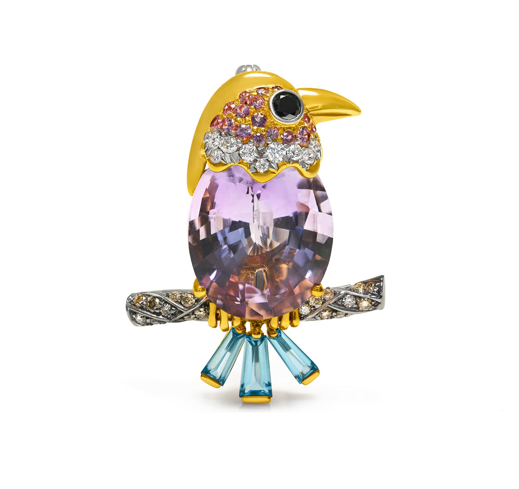 Kunzite Bird Brooch  Diamonds 18k gold  aquamarine