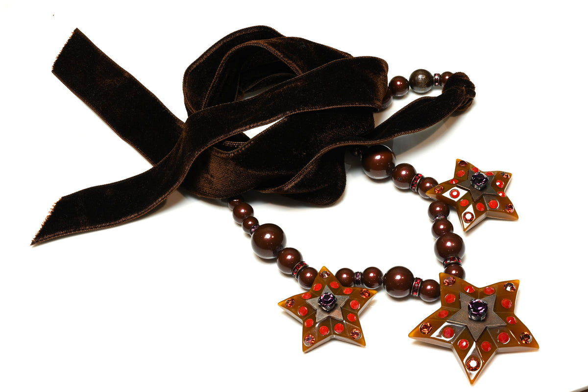 Lanvin Paris Alber Elbaz Brown Crystal Bleads Star Ribbon Necklace 1
