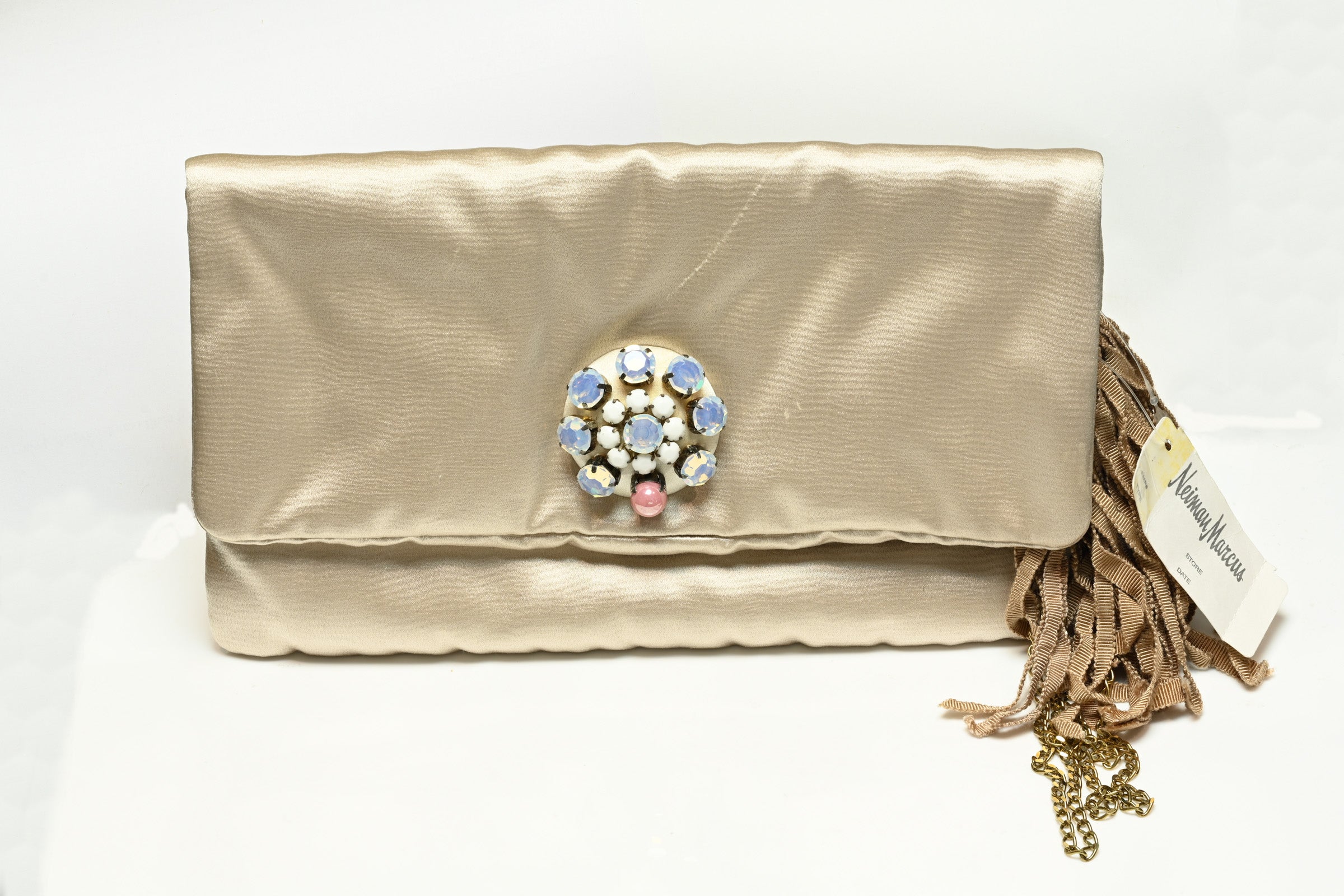 Lanvin Paris Beige Satin Opaline Crystal Tassel Clutch Bag