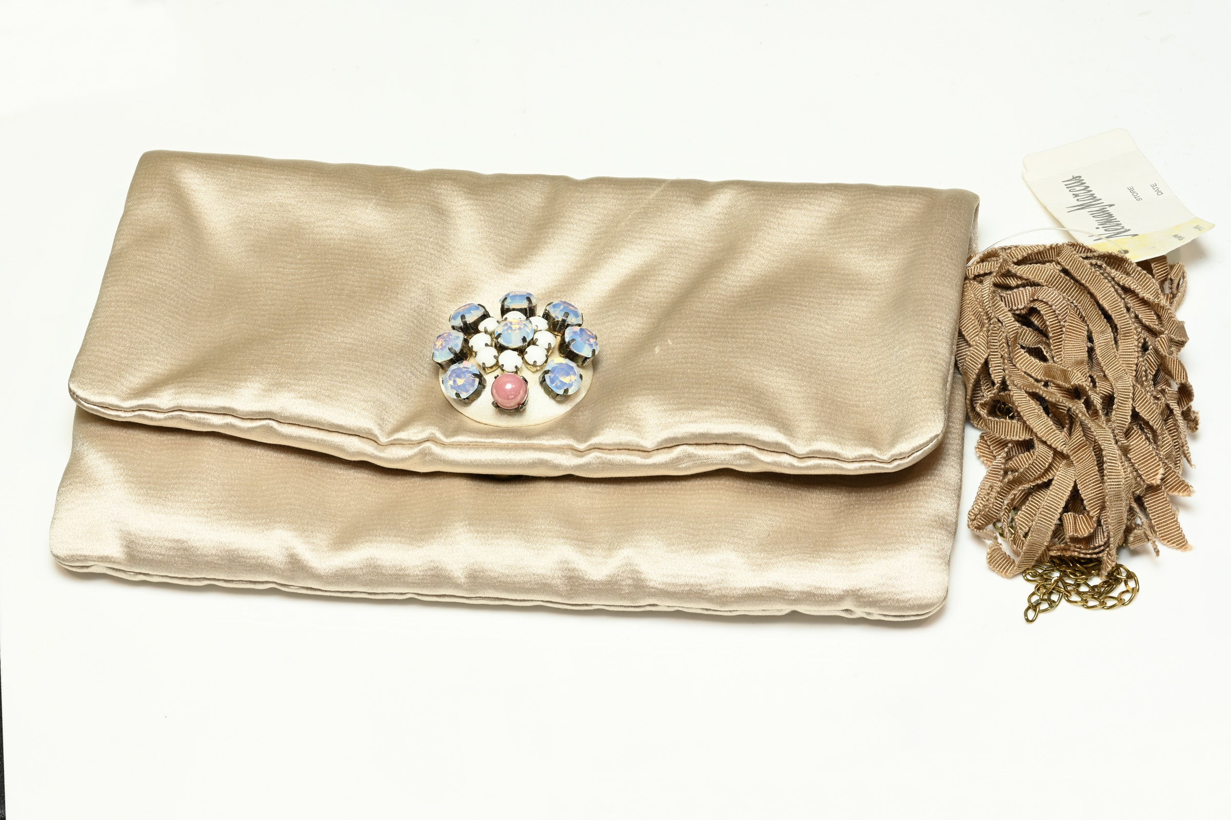 Lanvin Paris Beige Satin Opaline Crystal Tassel Clutch Bag 1