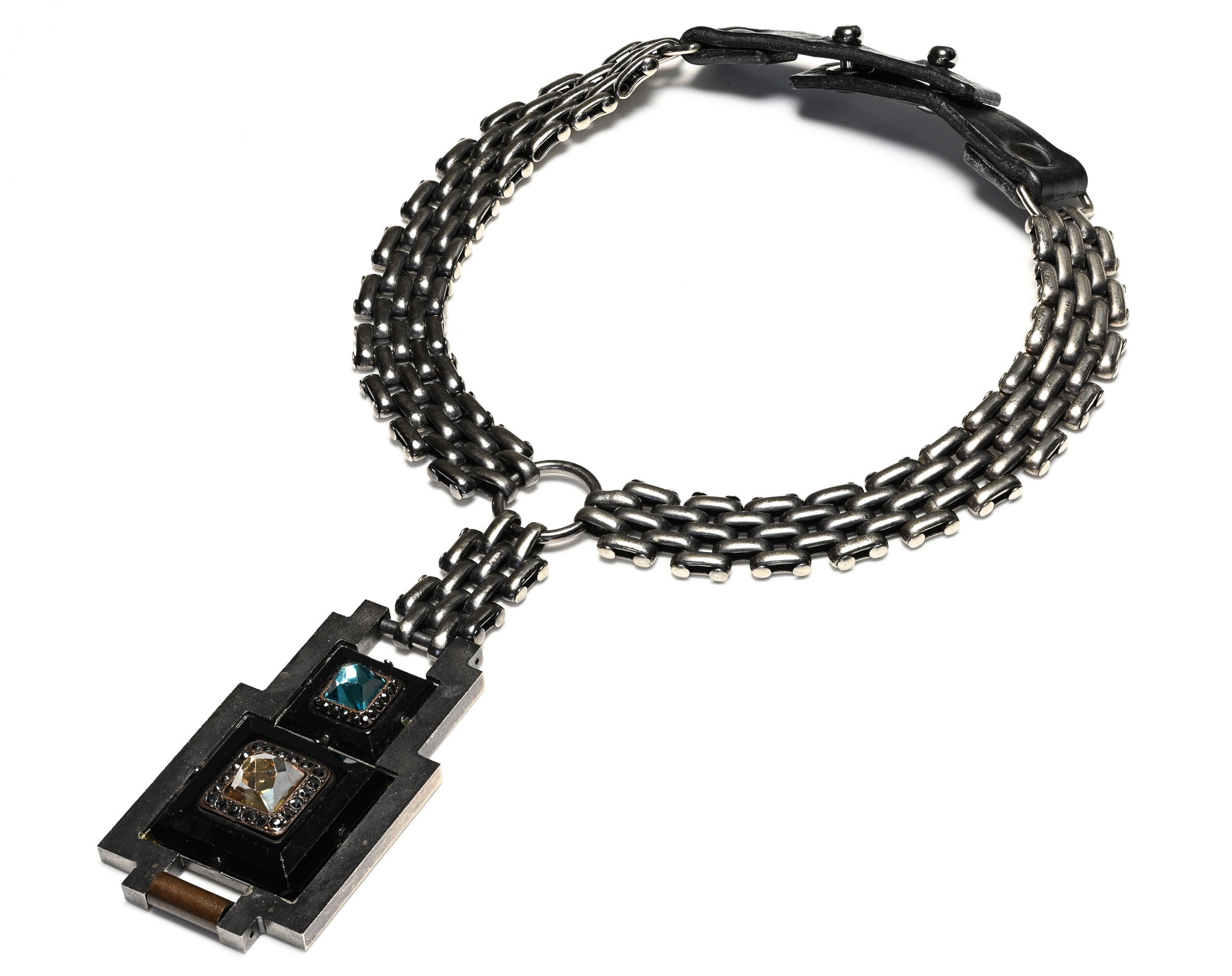Lanvin Paris Blue Brown Crystal Silver Tone Chain Collar Necklace