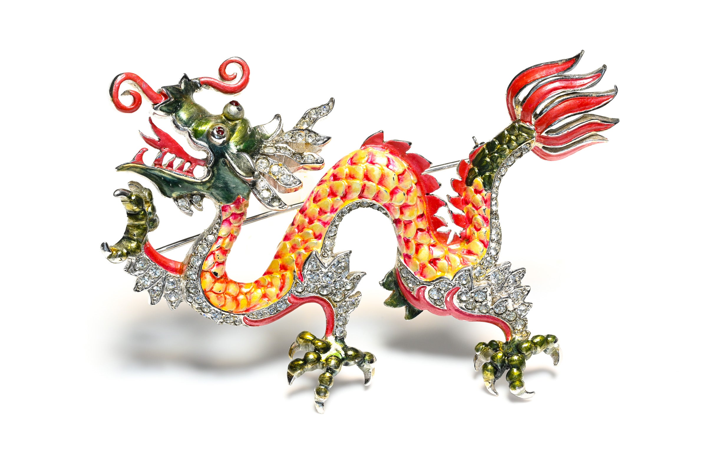 Vintage 1940's Marcel Boucher Enamel Crystal Dragon Brooch