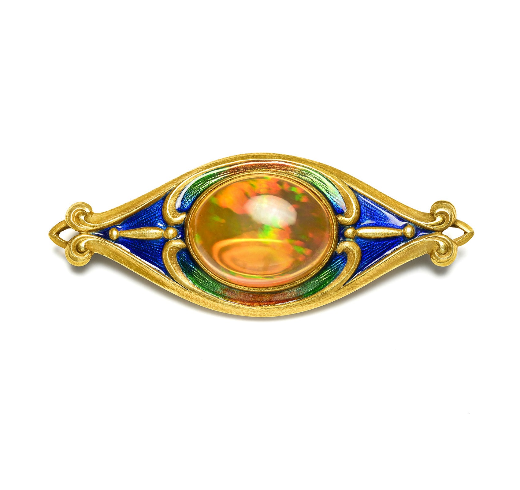Marcus Co. Art Nouveau Fire Opal and Enamel Gold Brooch
