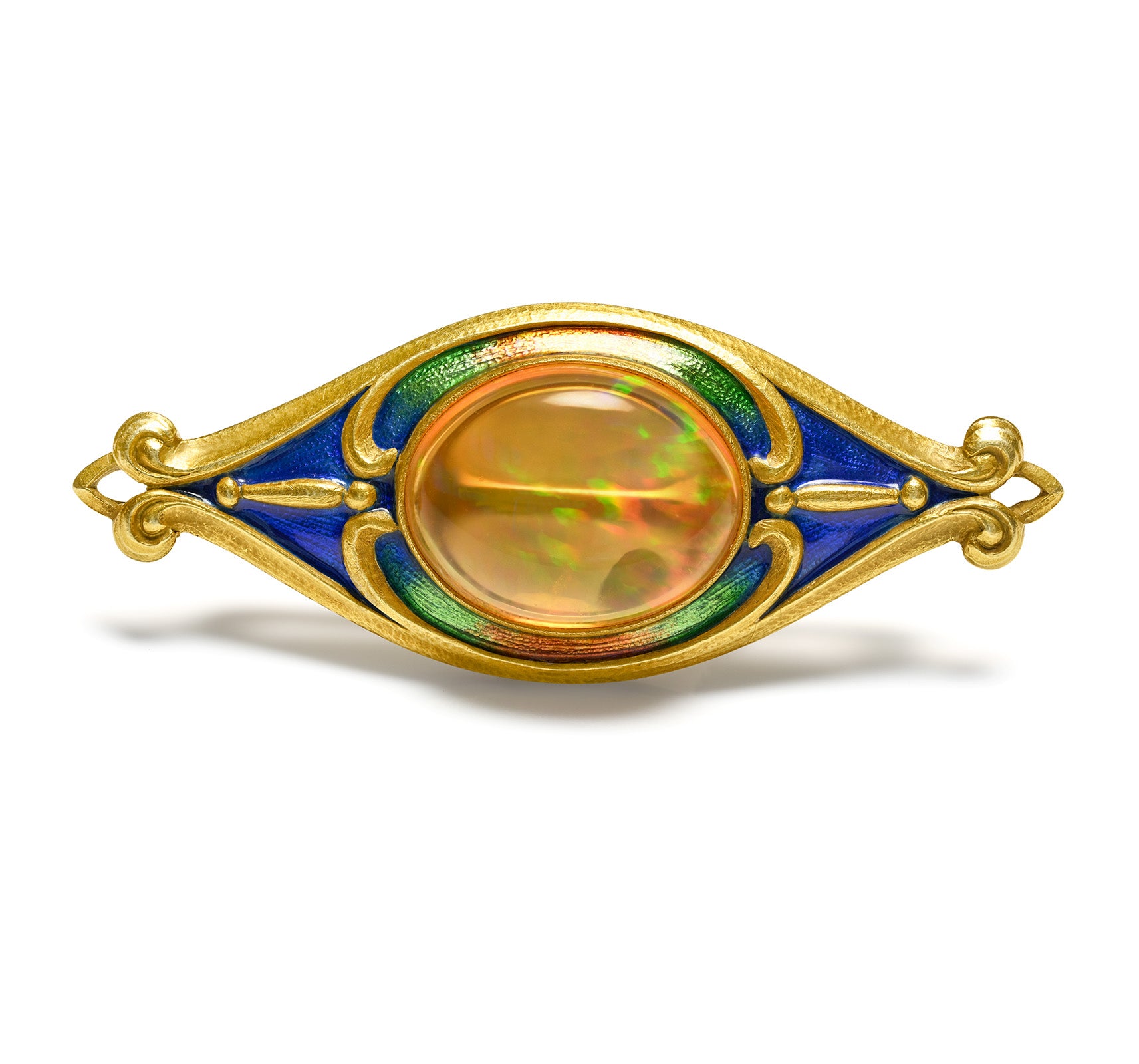 Marcus Co. Fire Opal and Enamel Gold Antique Brooch