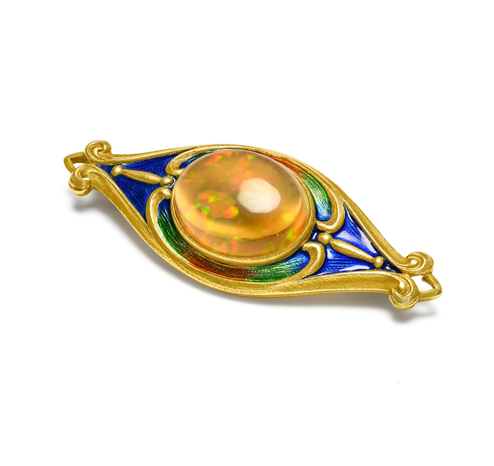 Art Nouveau Marcus & Co. Fire Opal and Enamel Gold Brooch