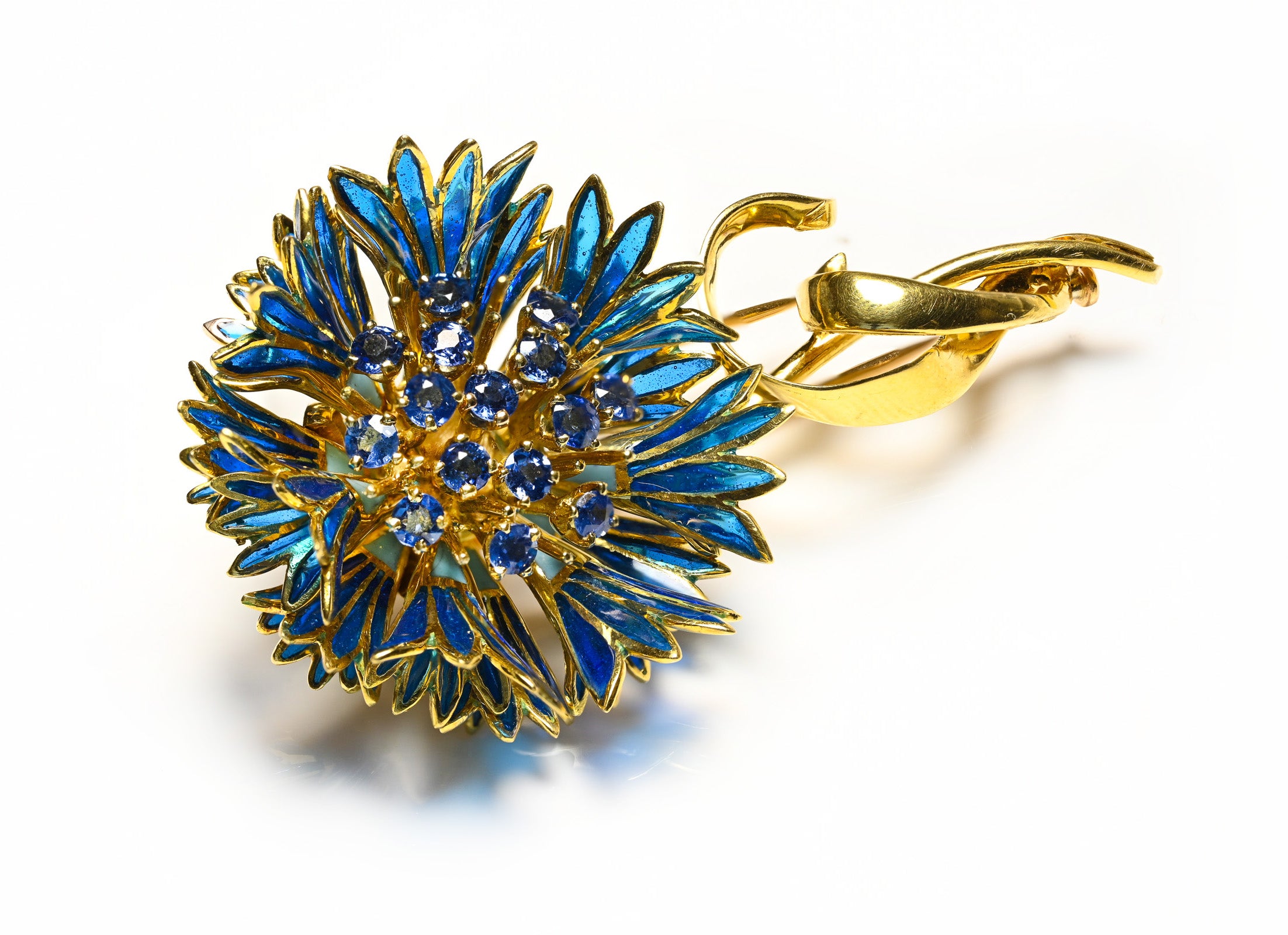 Mellerio Paris 18K Gold Plique a Jour Enamel and Sapphire Flower Brooch
