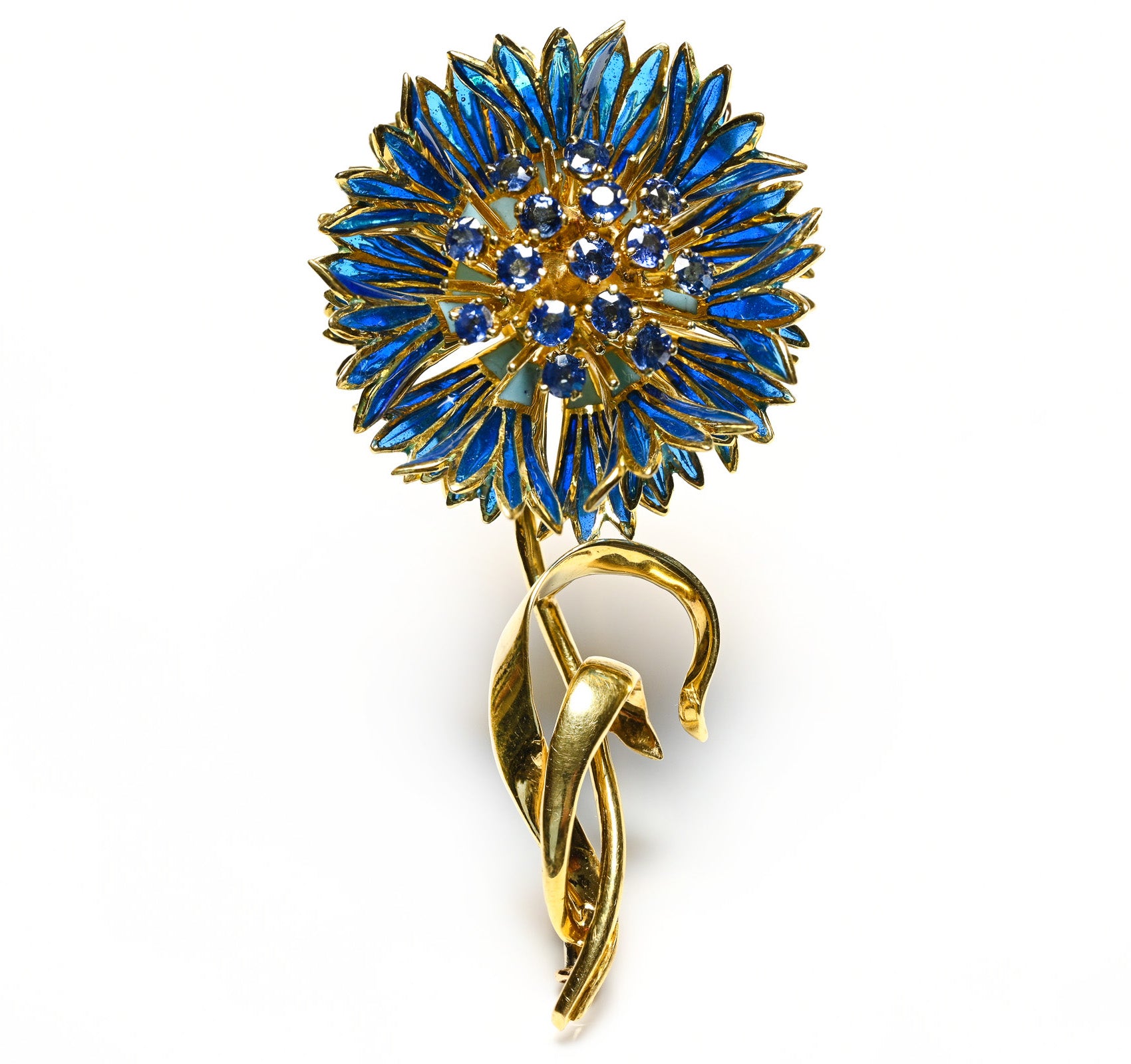 Mellerio 18K Gold Plique a Jour Enamel Sapphire Flower Brooch