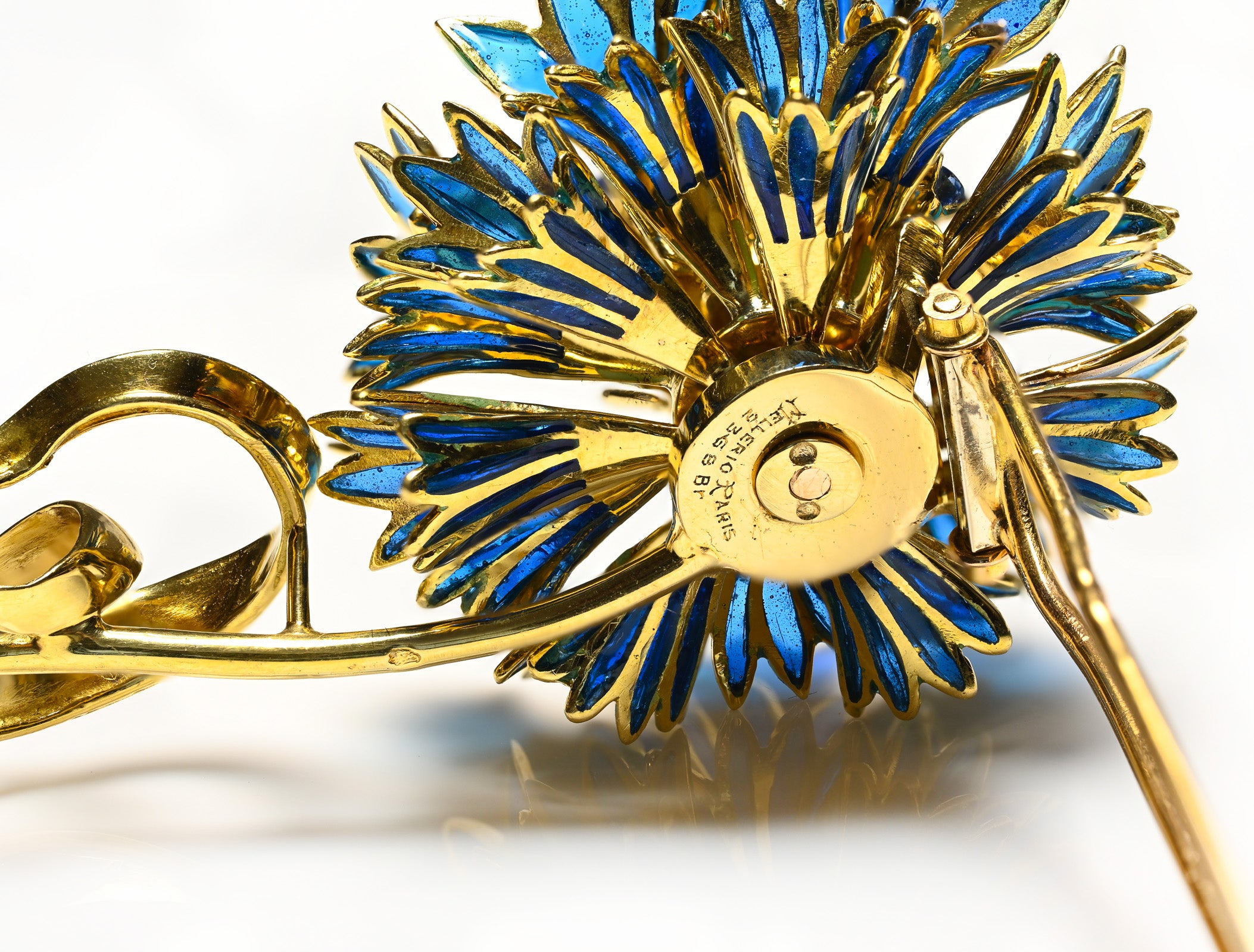 Mellerio Paris 18K Gold Plique a Jour Enamel Sapphire Flower Brooch