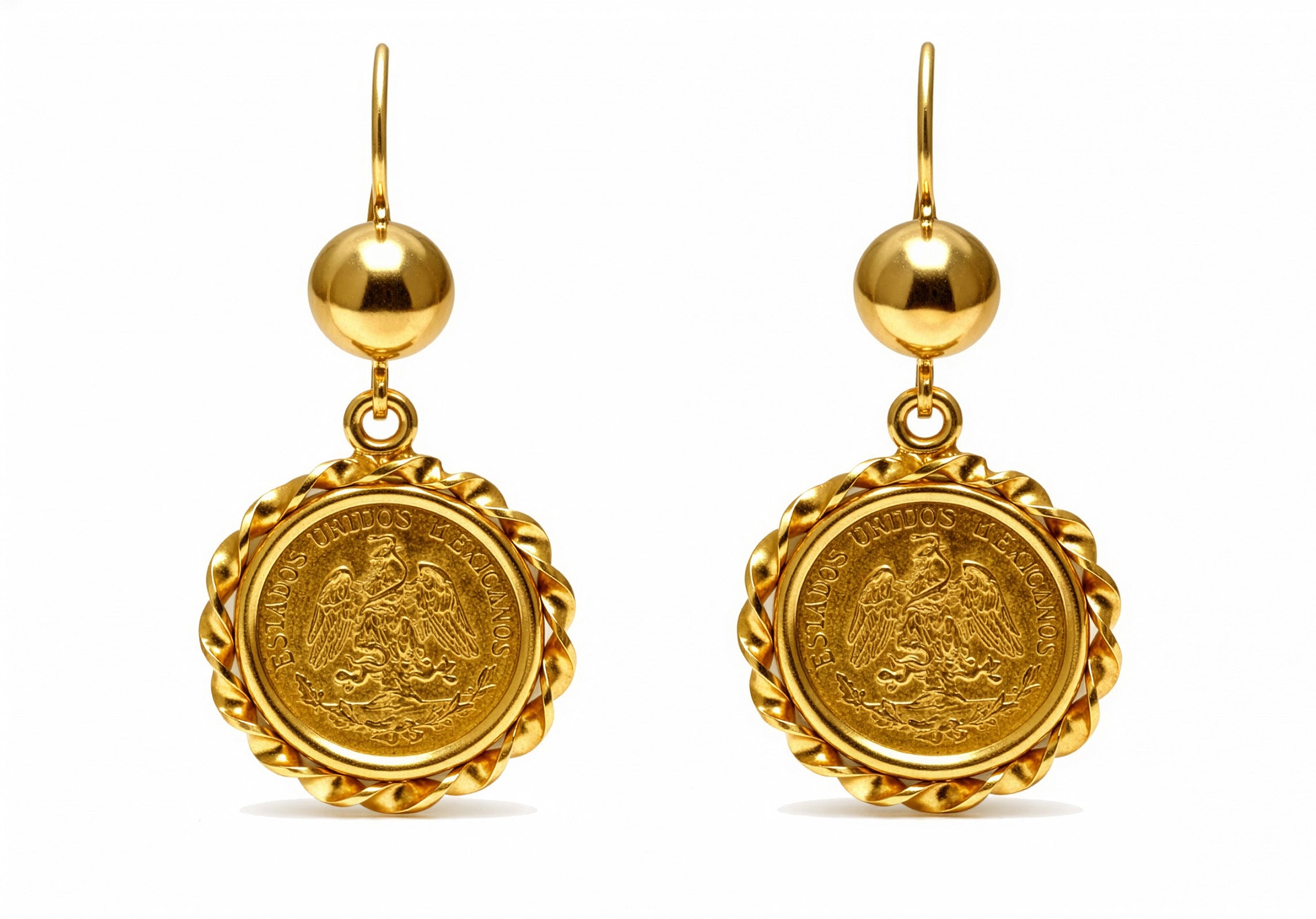 Mexican Dos Pesos 22K Gold Coin Earrings in 18K