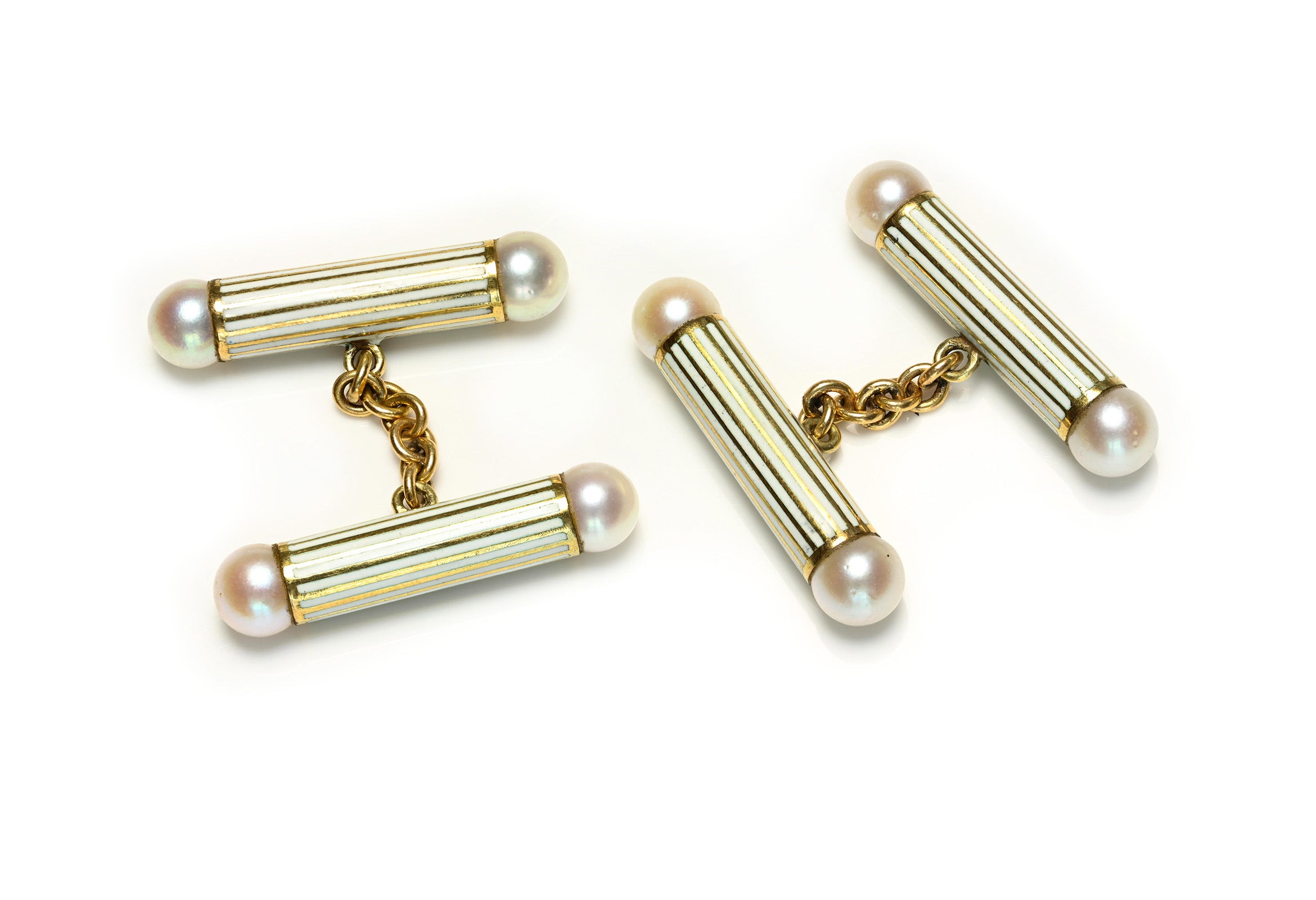 Natural Pearl Enamel 18K Gold Bar Cufflinks