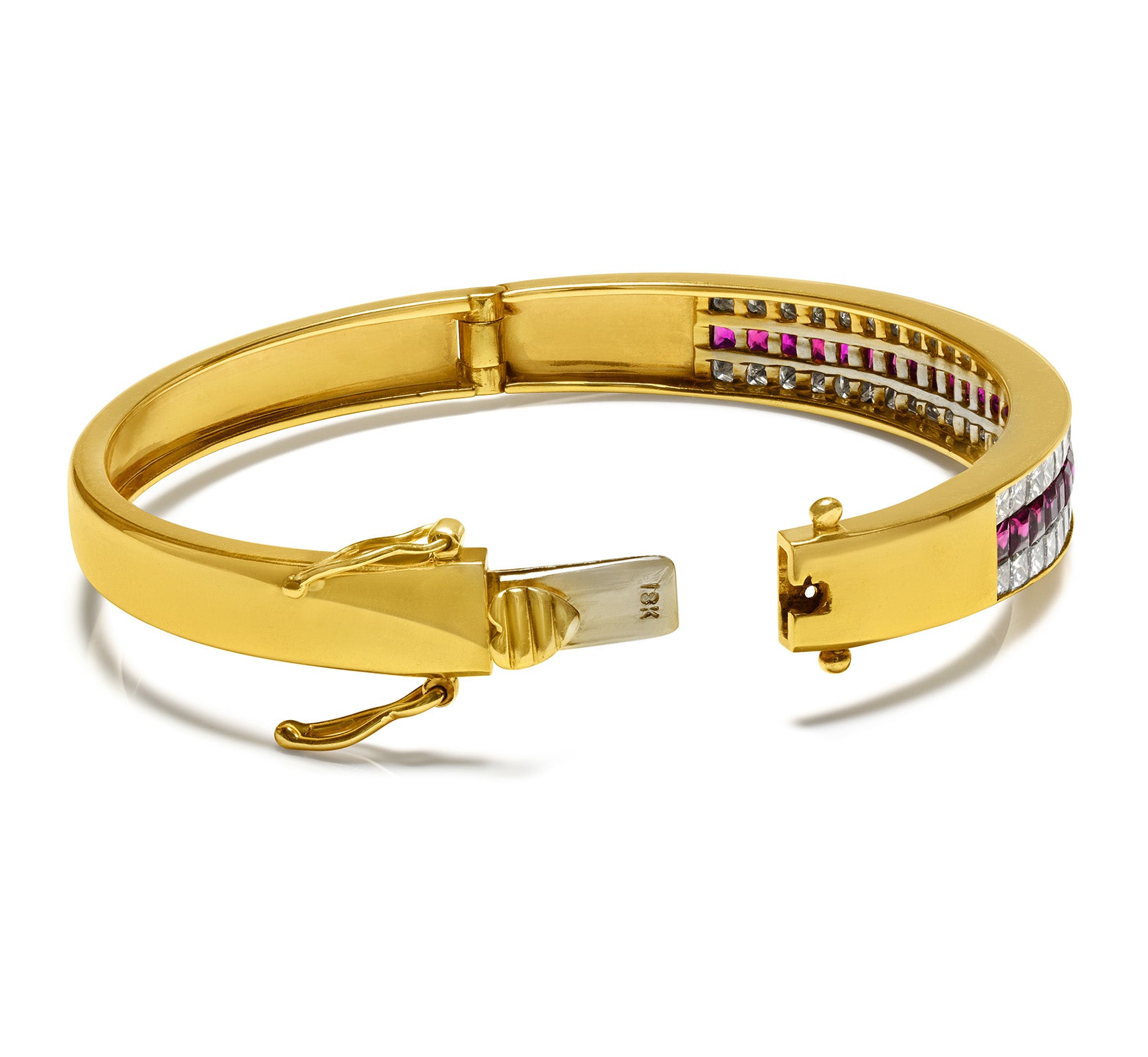 Vintage Natural Ruby and Princess-Cut Diamond 18K Yellow Gold Bangle Bracelet