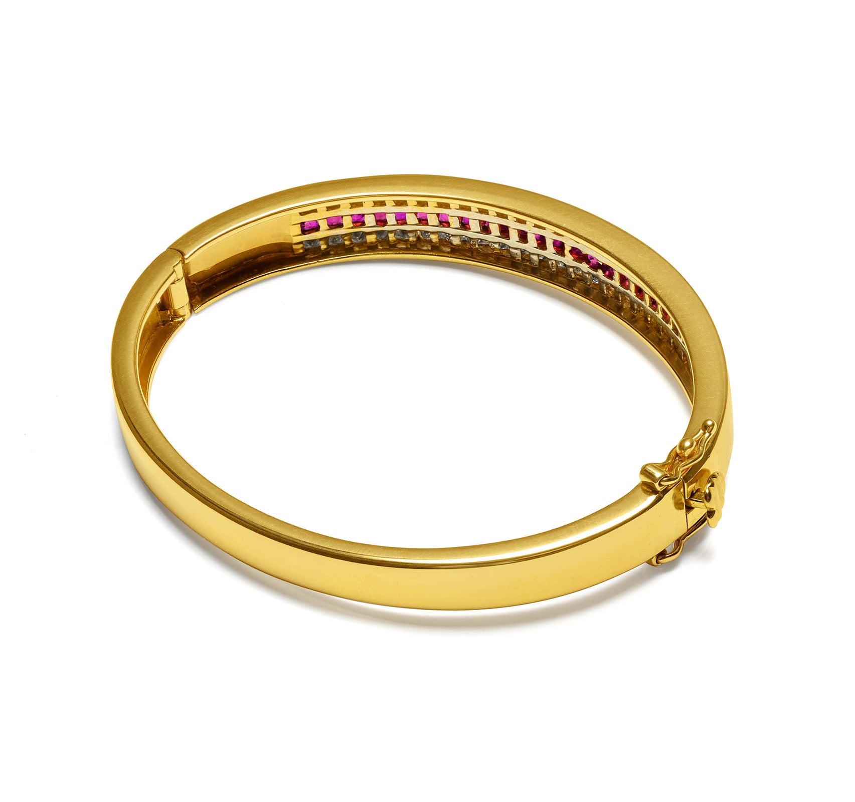 18K Yellow Natural Ruby and Diamond Bangle Bracelet Side