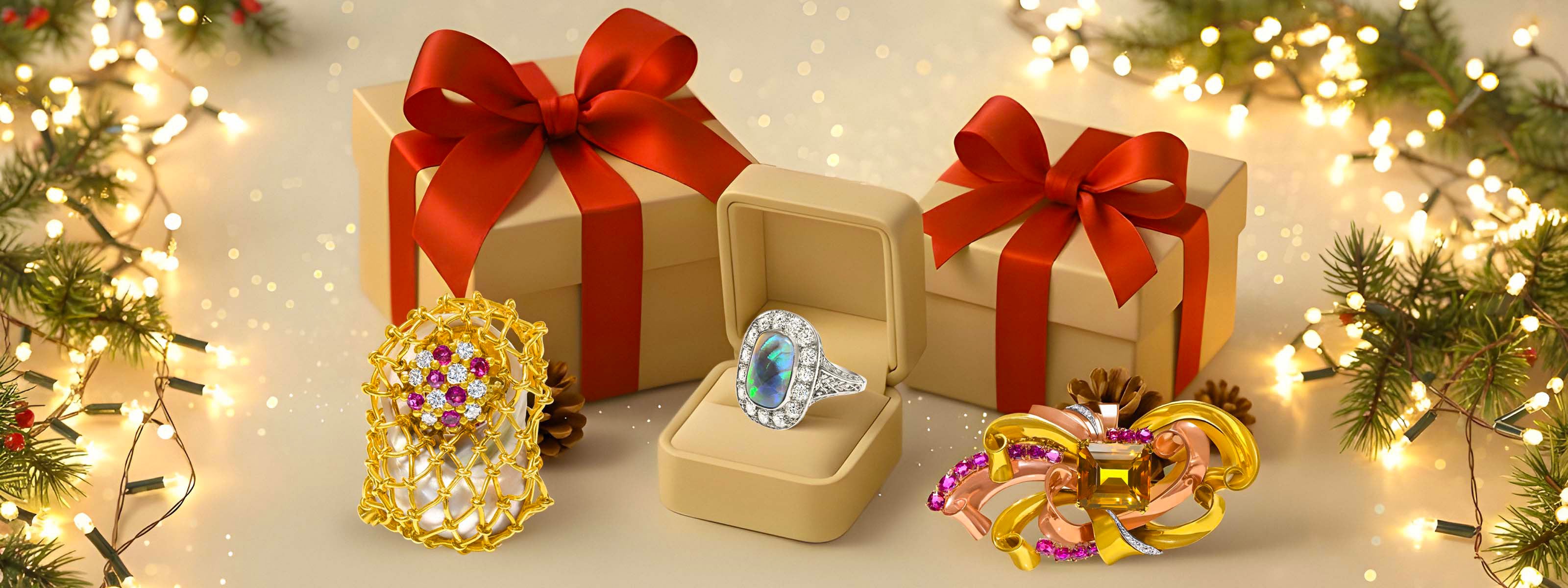 Luxury holiday jewelry display with an opal diamond ring, gold ruby brooch, and gold citrine brooch, showcasing fine antique gold jewelry — DSF Antique Jewelry.