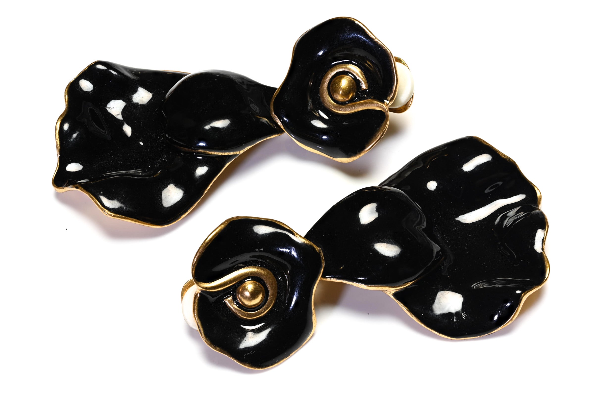 Oscar de la Renta Black Enamel Flower Long Earrings