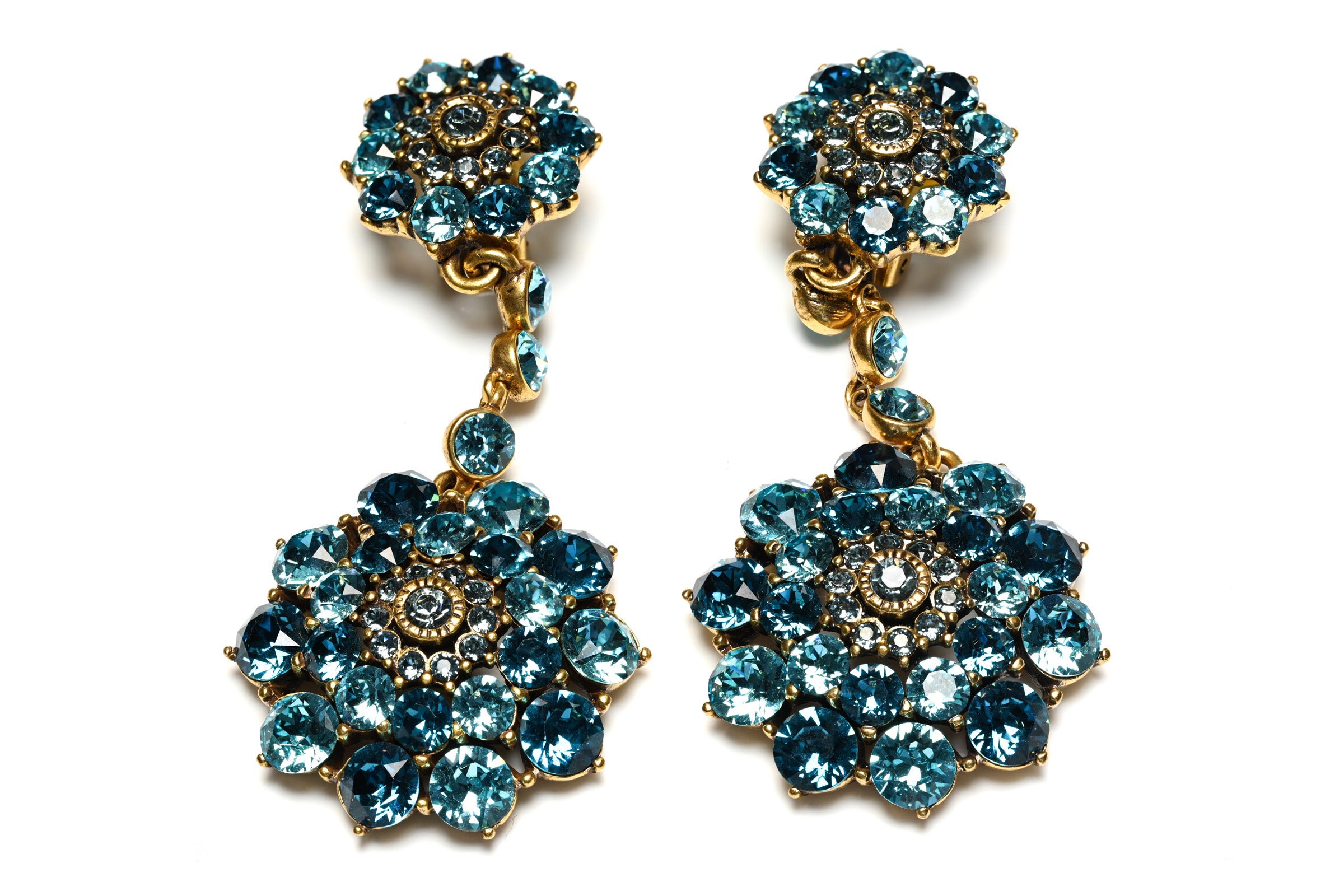 Oscar de la Renta Blue Crystal Flower Long Earrings