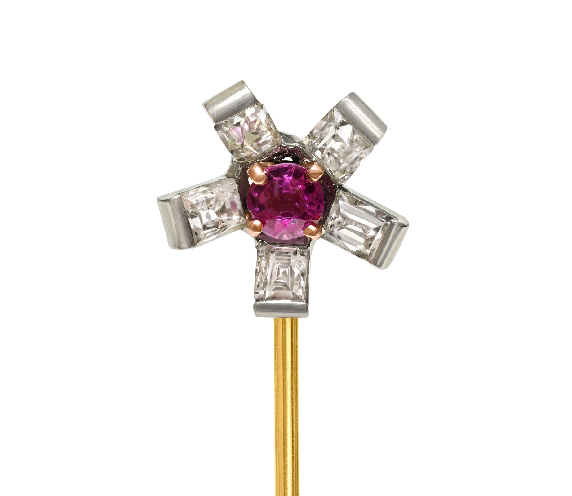 Pink Sapphire and Diamond Starburst Stick Pin in Platinum and Gold