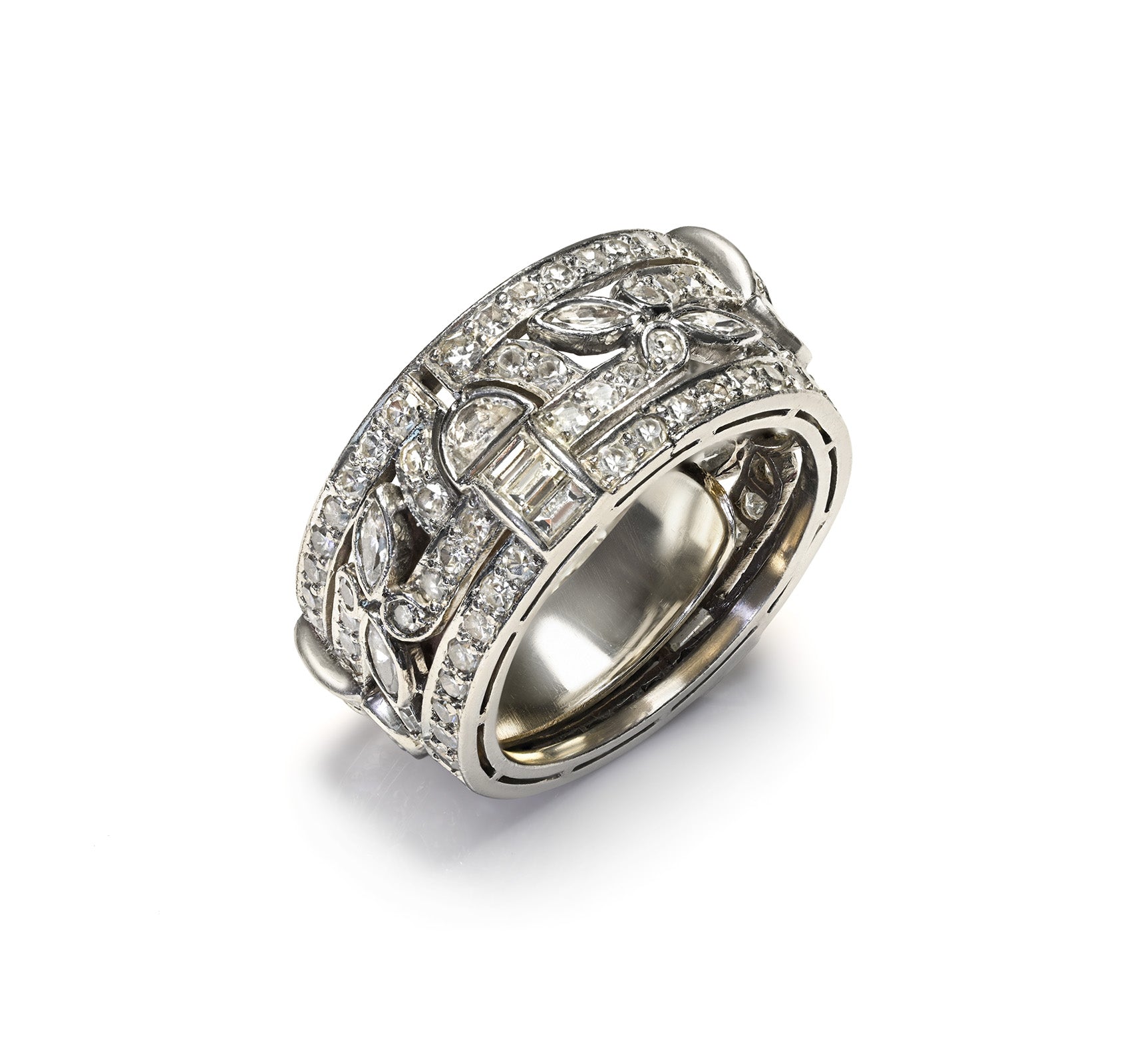 Art Deco Platinum Multi-Cut Diamond Eternity Band Ring Wide