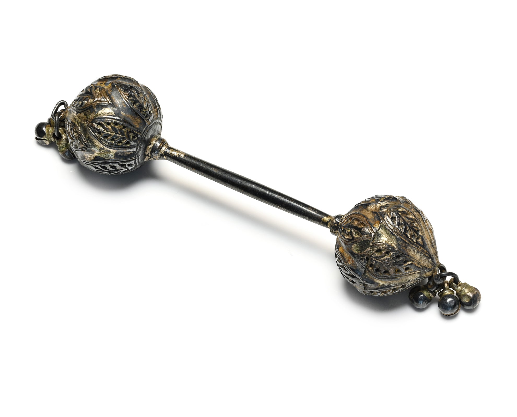Rare 17th Century Silver Baby Rattle Spherical Ends and Bell Pendants