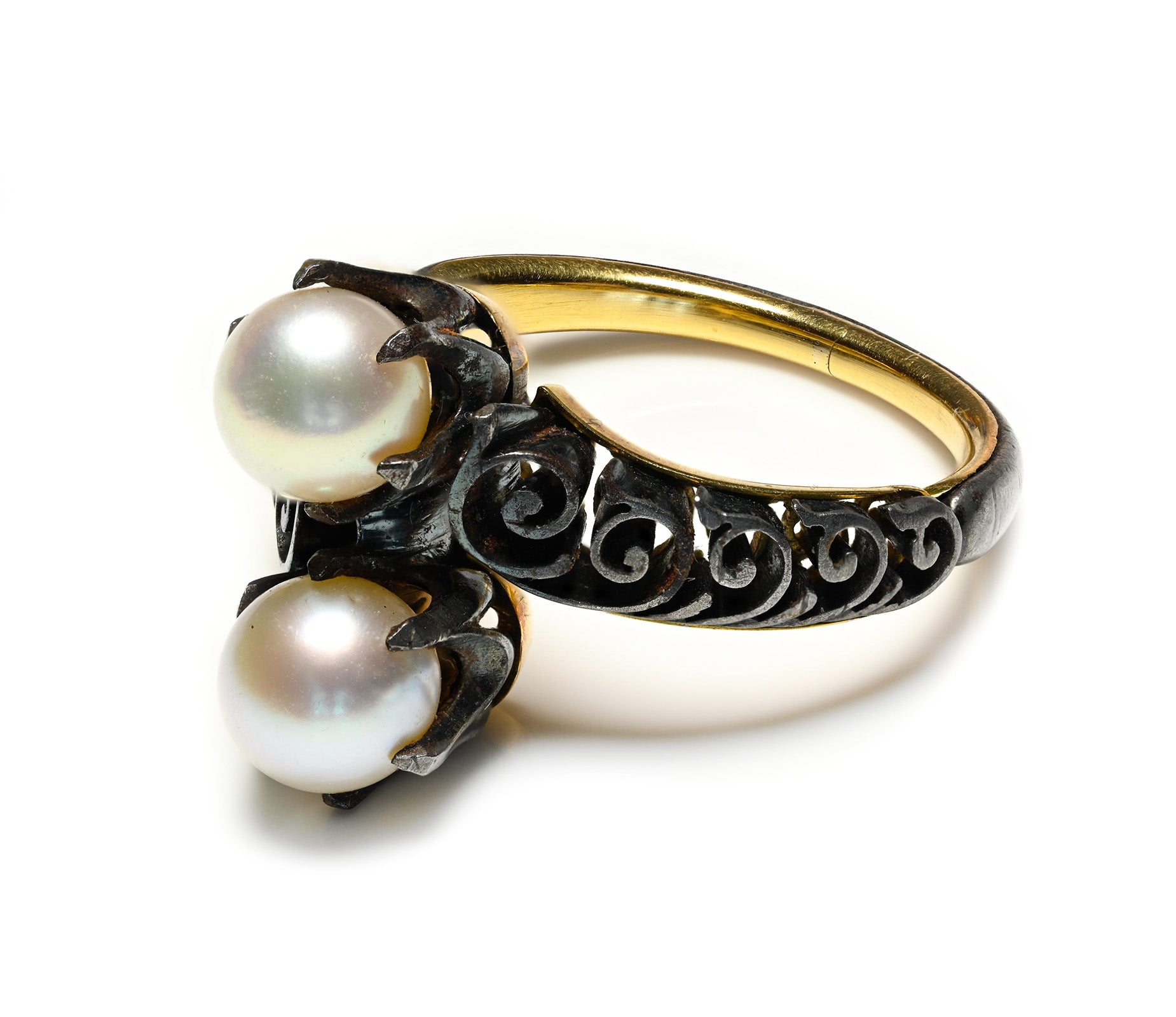 Rare Victorian Steel Gold Natural Pearl Toi et Moi Ring