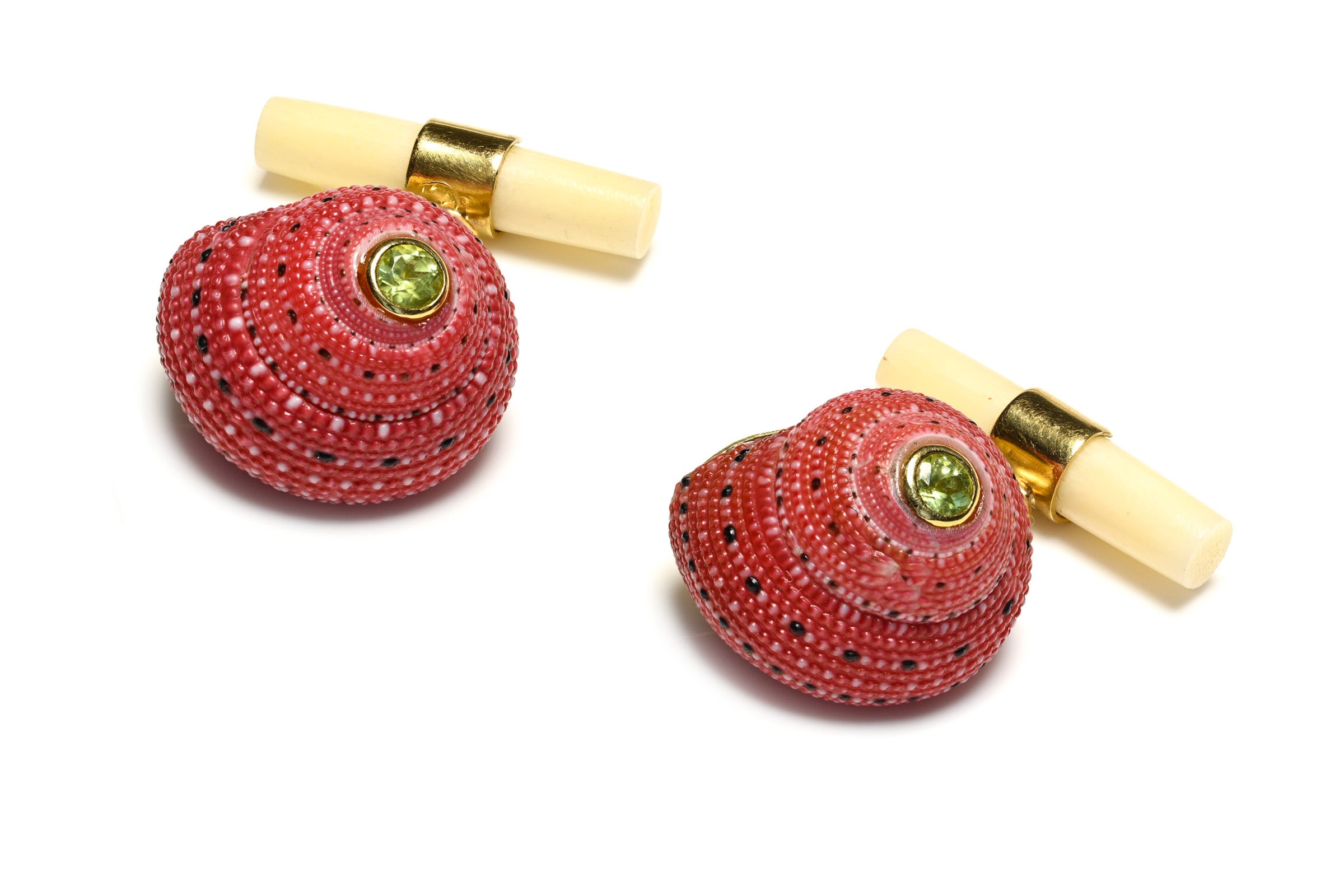 Sea Urchin Shell Cufflinks 18K Gold Peridot Coral