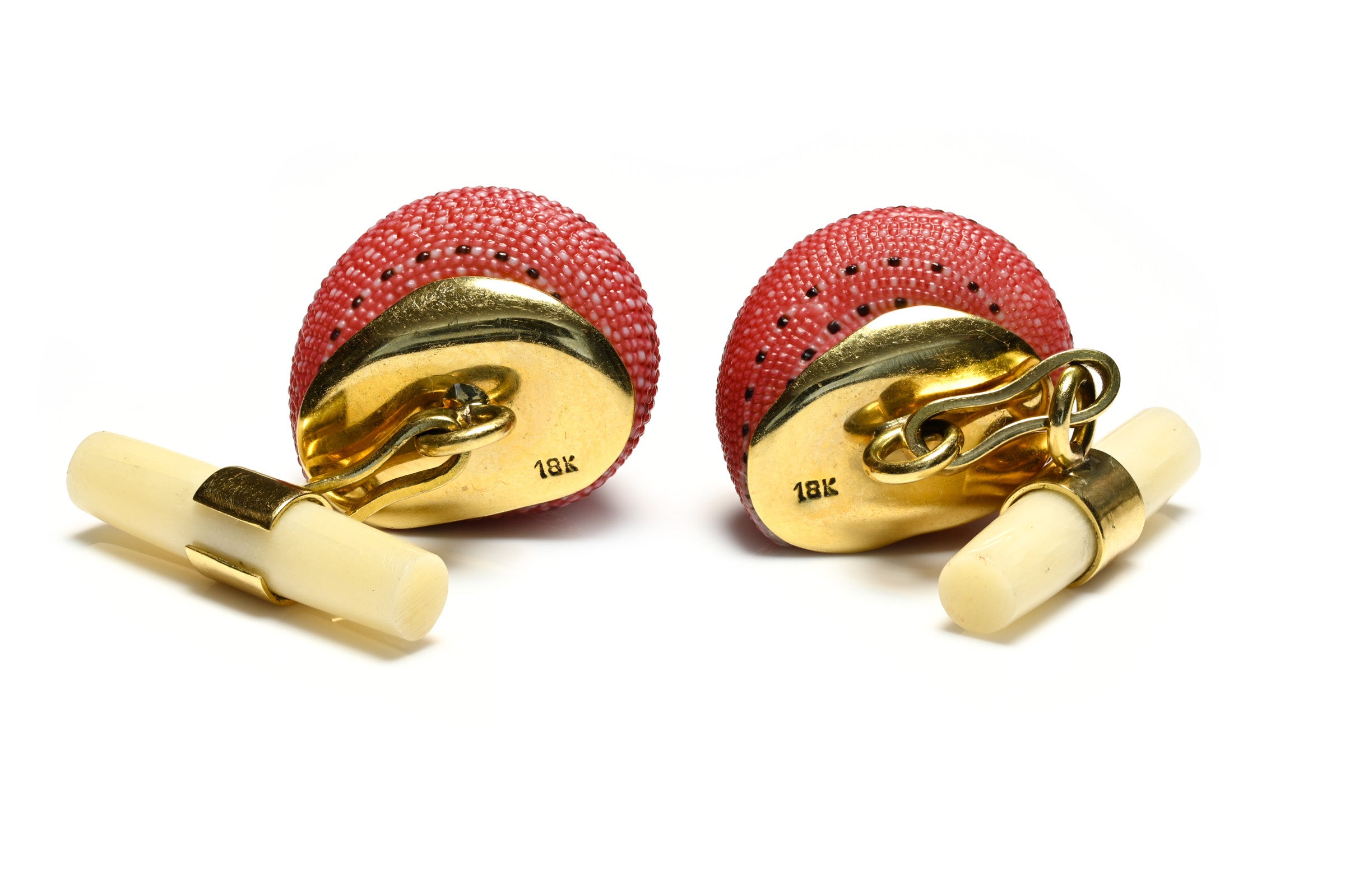 Red Sea Urchin Shell Cufflinks in 18K Gold with Peridot and White Coral Back