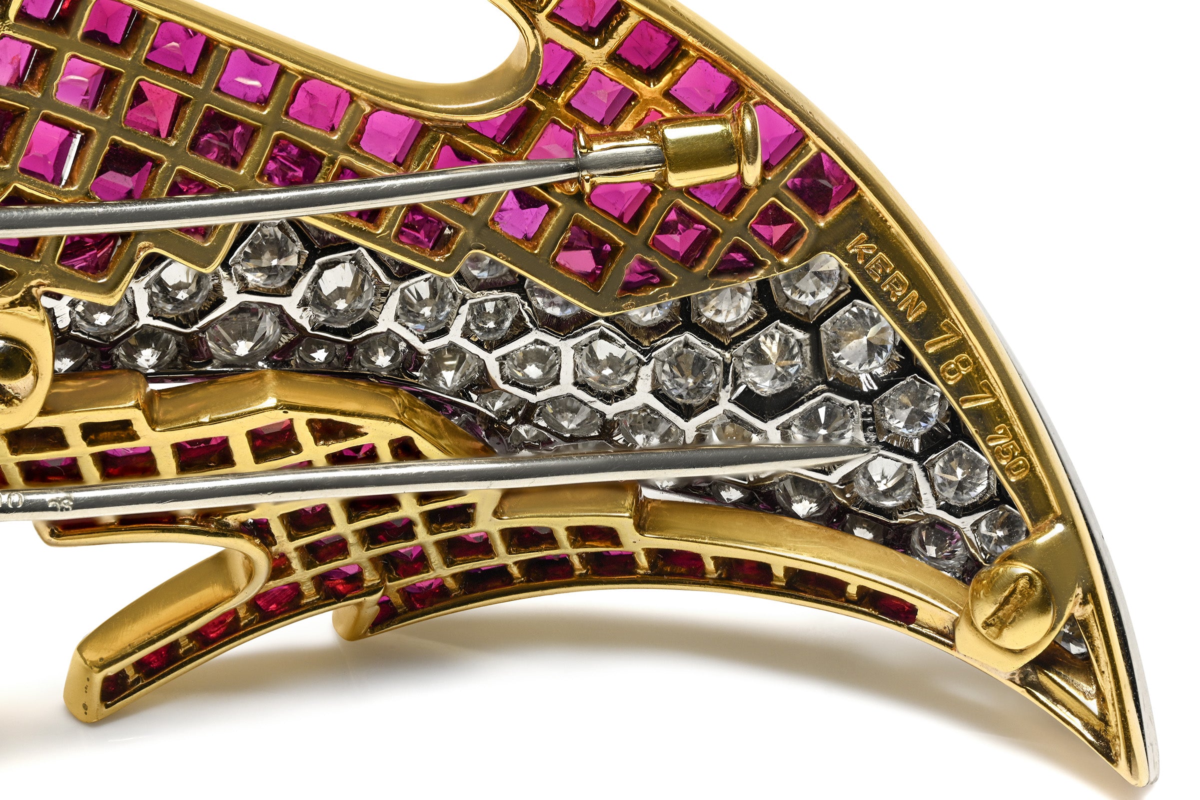 Vintage Hallmark Ruby Diamond 18K Yellow Gold Platinum Brooch by René Kern