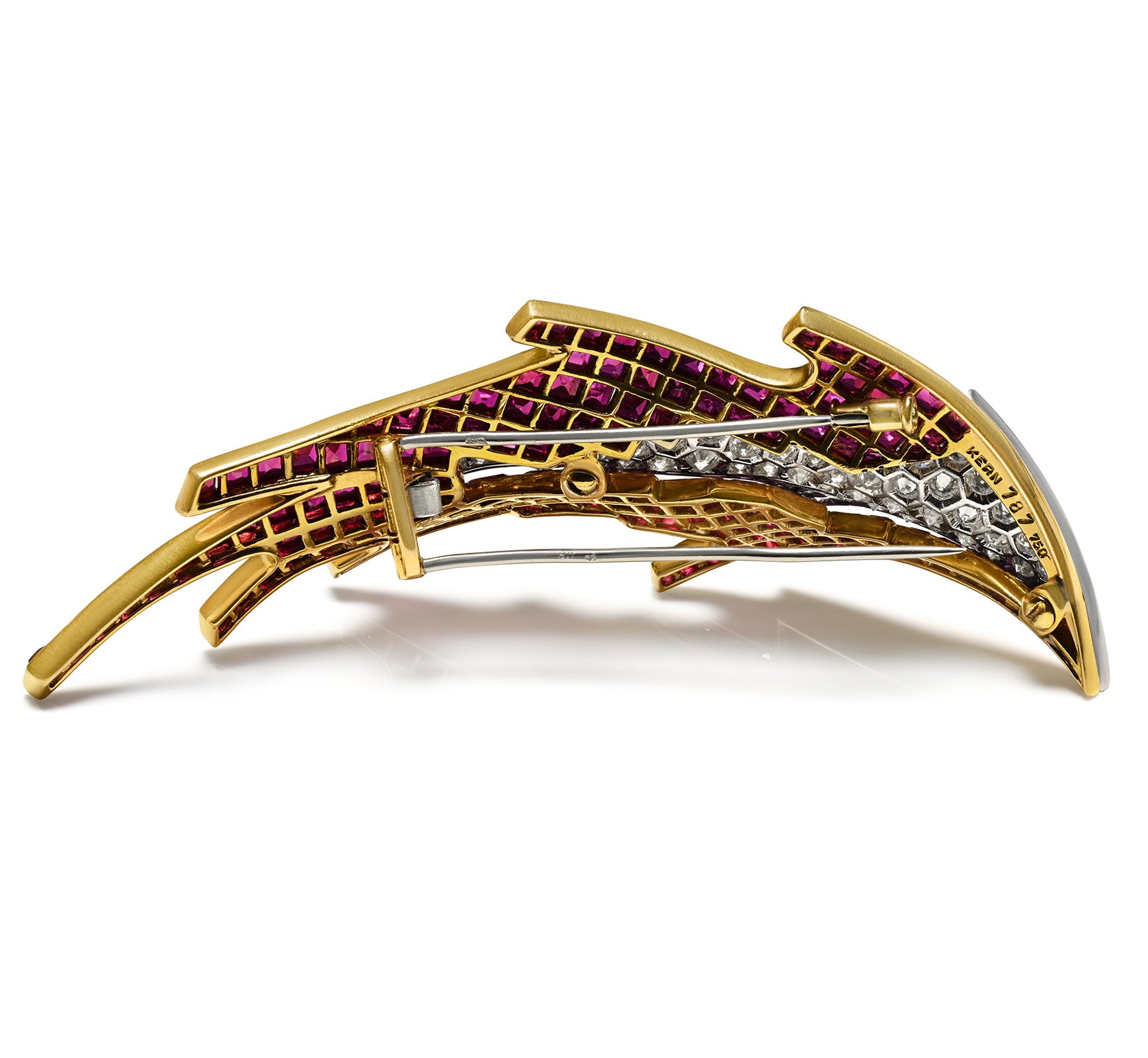 René Kern Invisible-Set Ruby Diamond 18K Yellow Gold Platinum Brooch