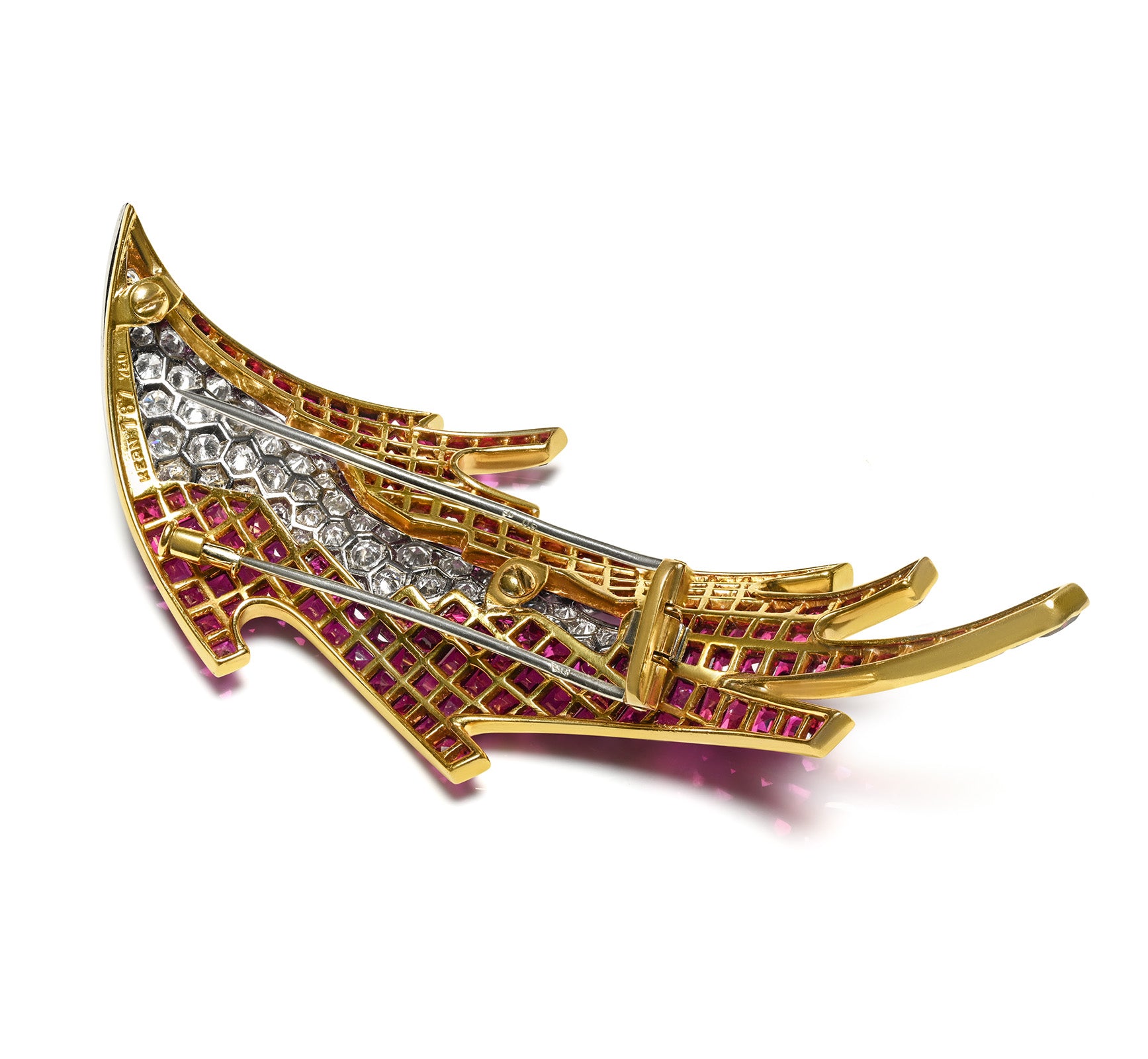 René Kern Invisible-Set Ruby Diamond 18K Yellow Gold Platinum Brooch
