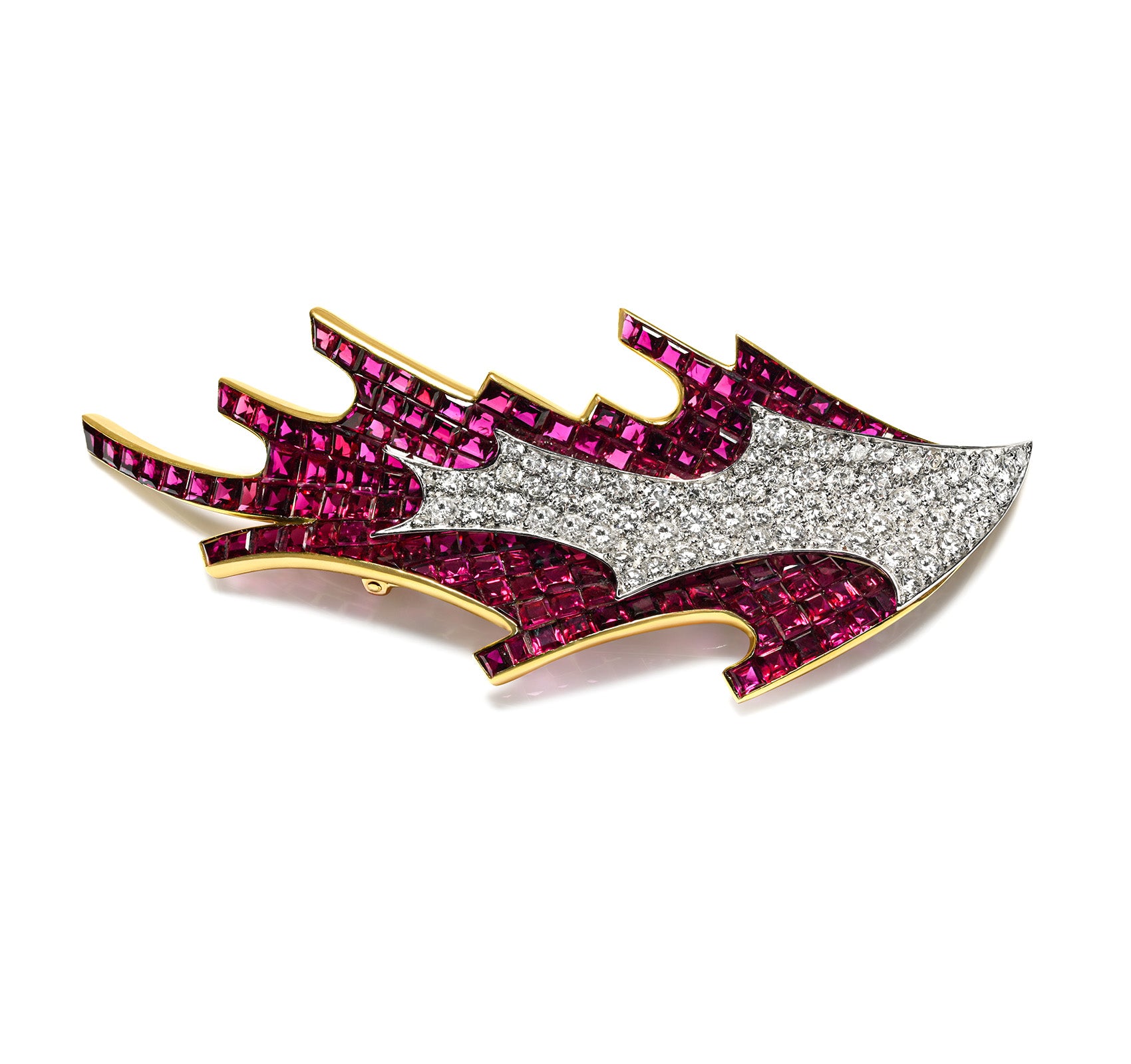 René Kern Invisible-Set Ruby Diamond 18K Gold Platinum Brooch
