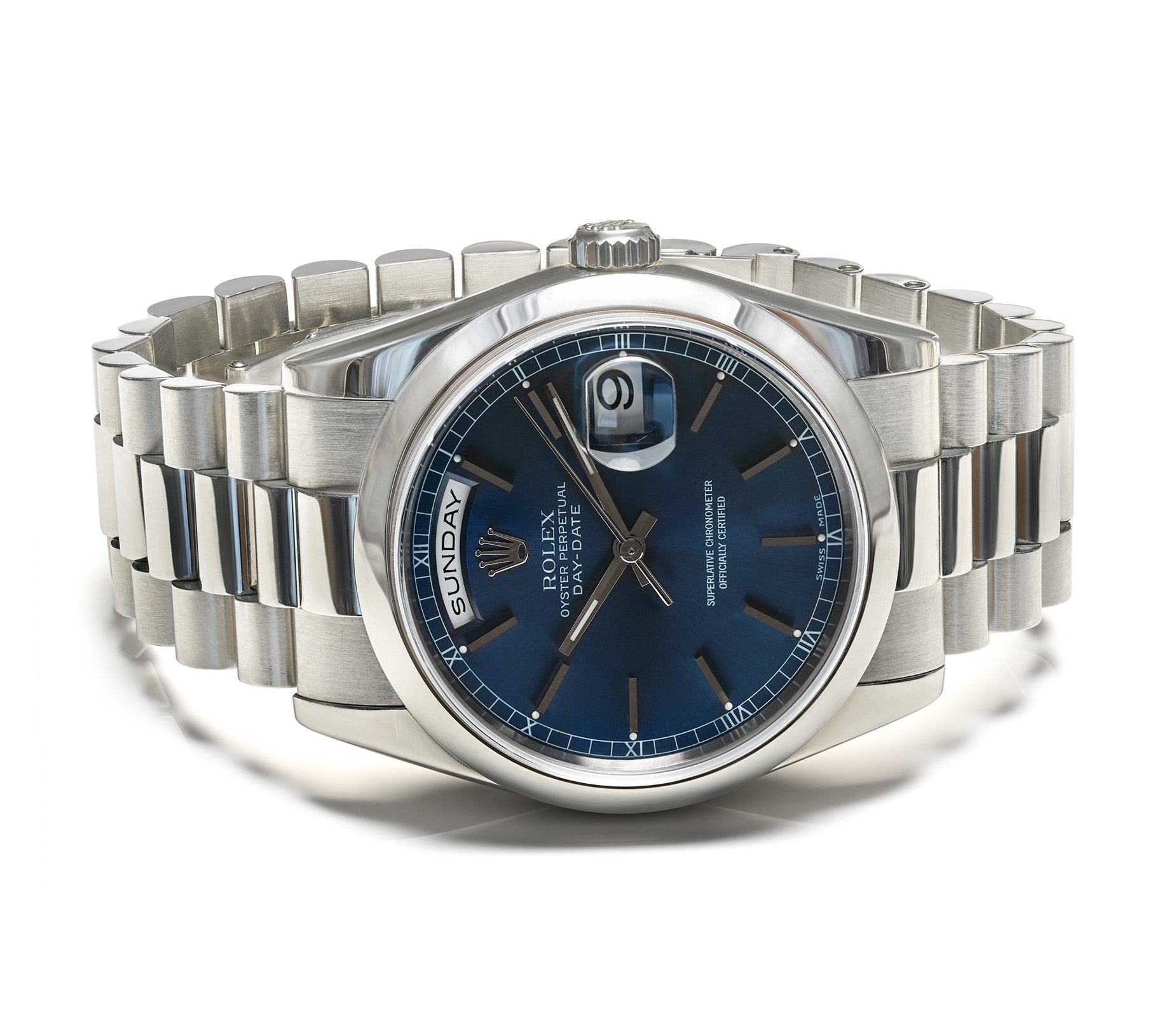 Rolex Day-Date President 118206 Platinum Blue 36mm Watch