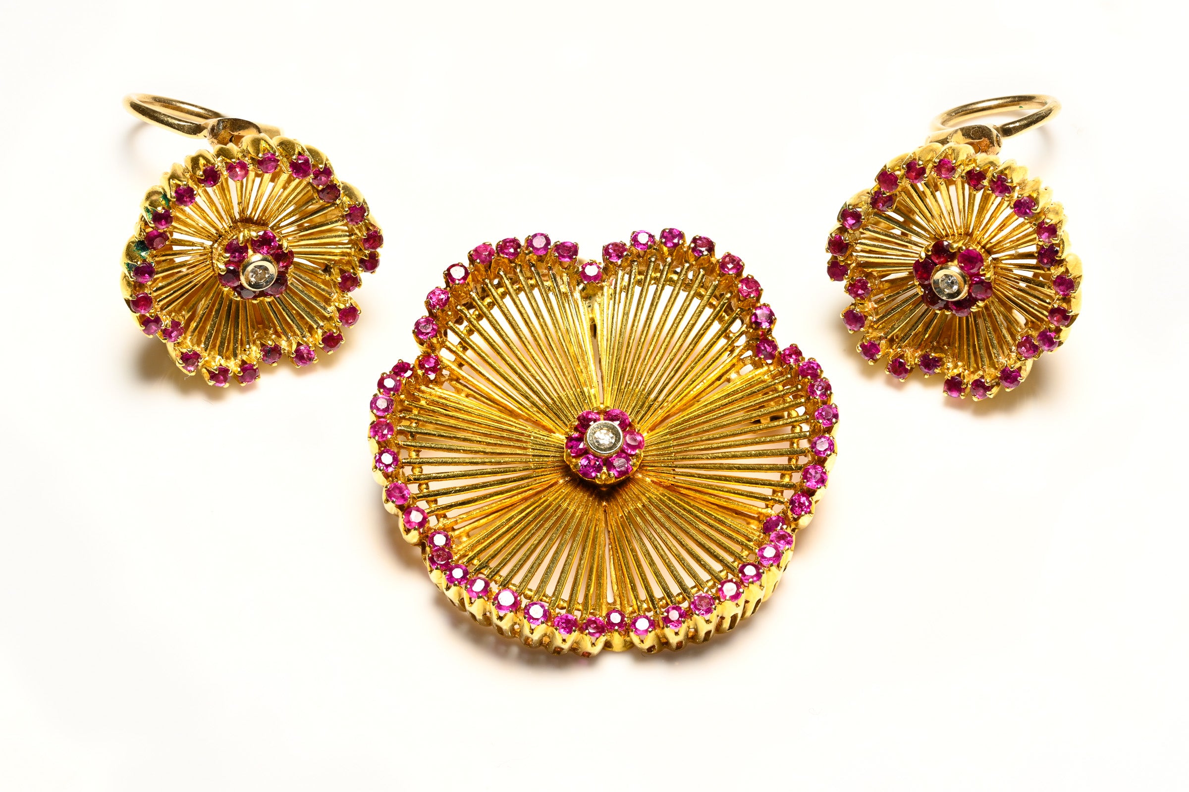 Ruby Diamond 18K Gold Earrings Pendant Brooch Set
