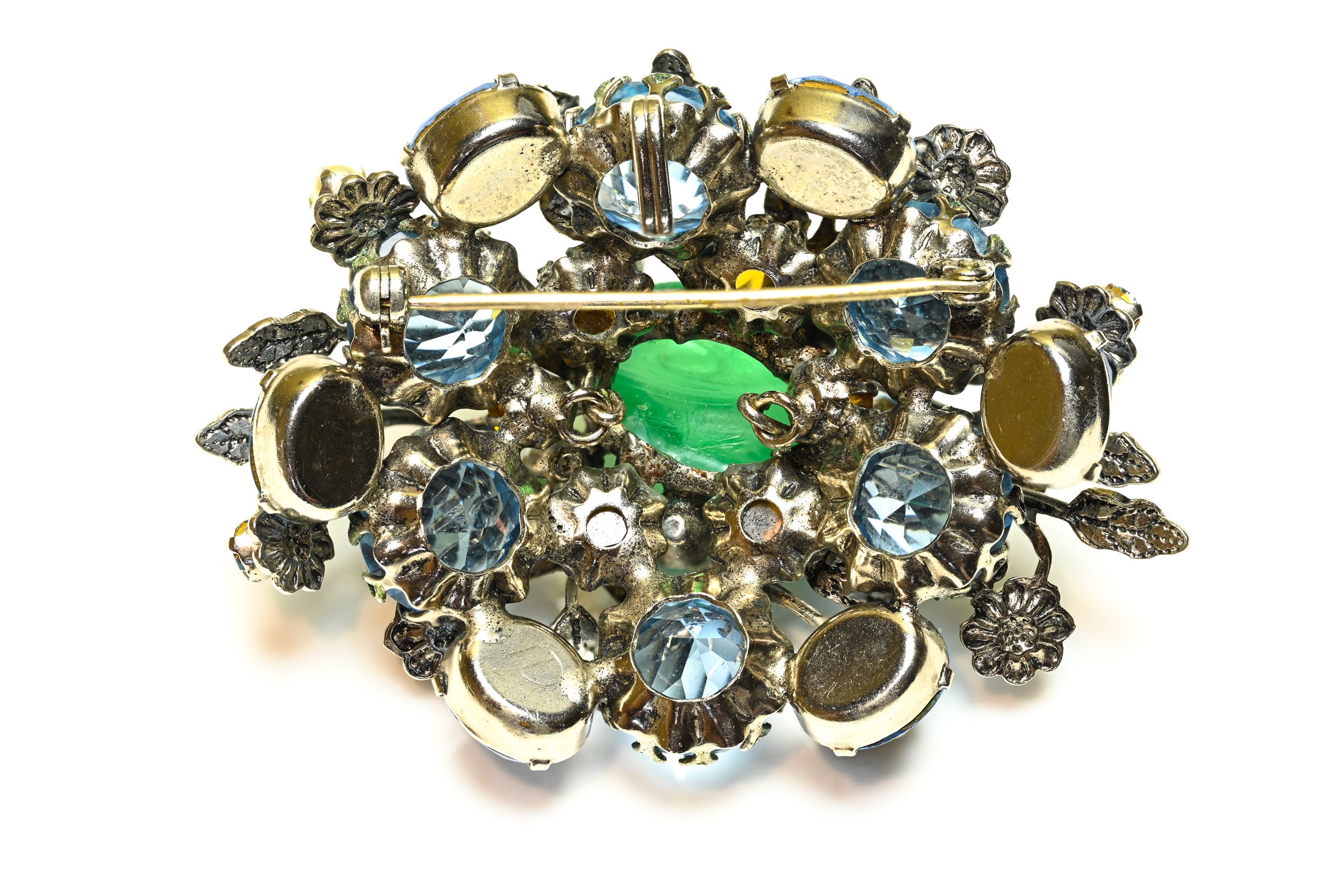 Vintage 1960's Schreiner NY Green Glass Blue Crystal Pearl Flower Brooch