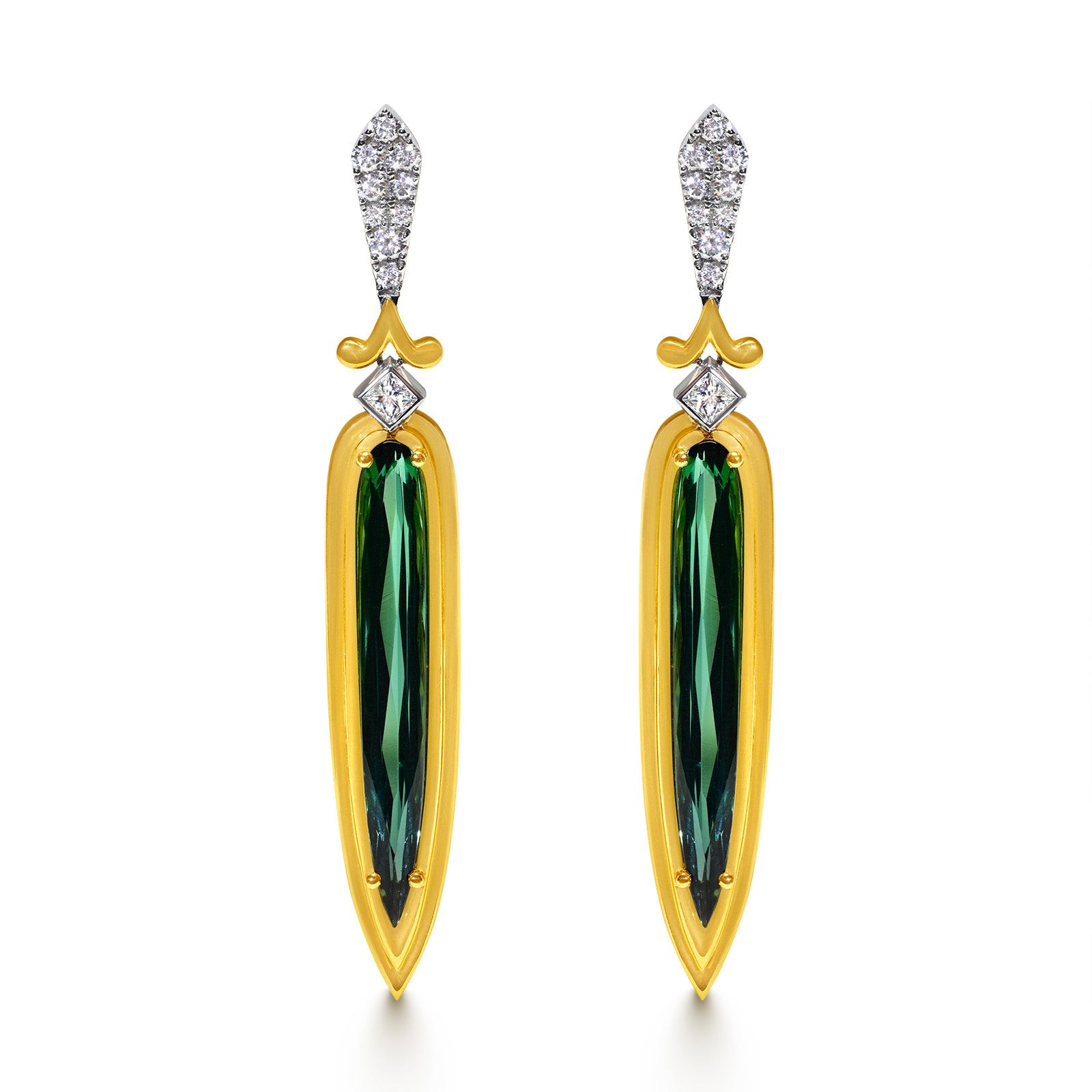 Spark Creations 18K Gold Green Tourmaline and Diamond Dangle Earrings