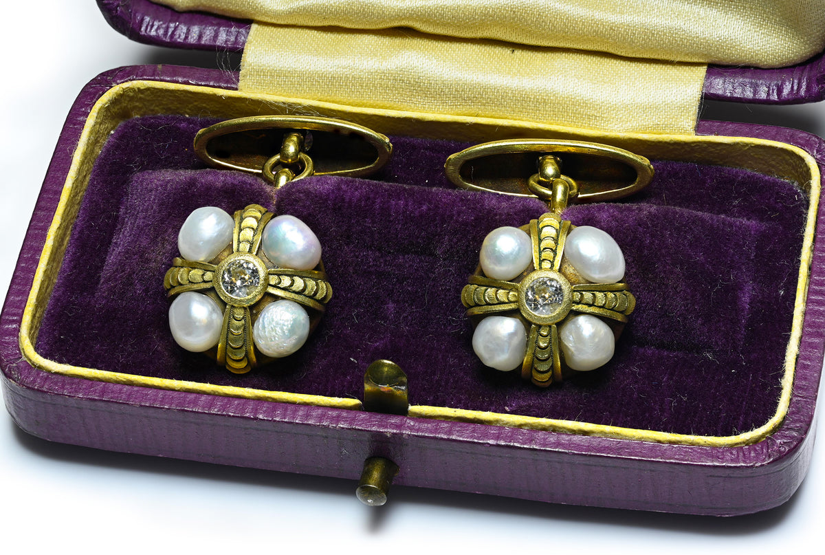 Spaulding & Co. Antique Pearl Diamond 18K Gold Cufflinks with Box