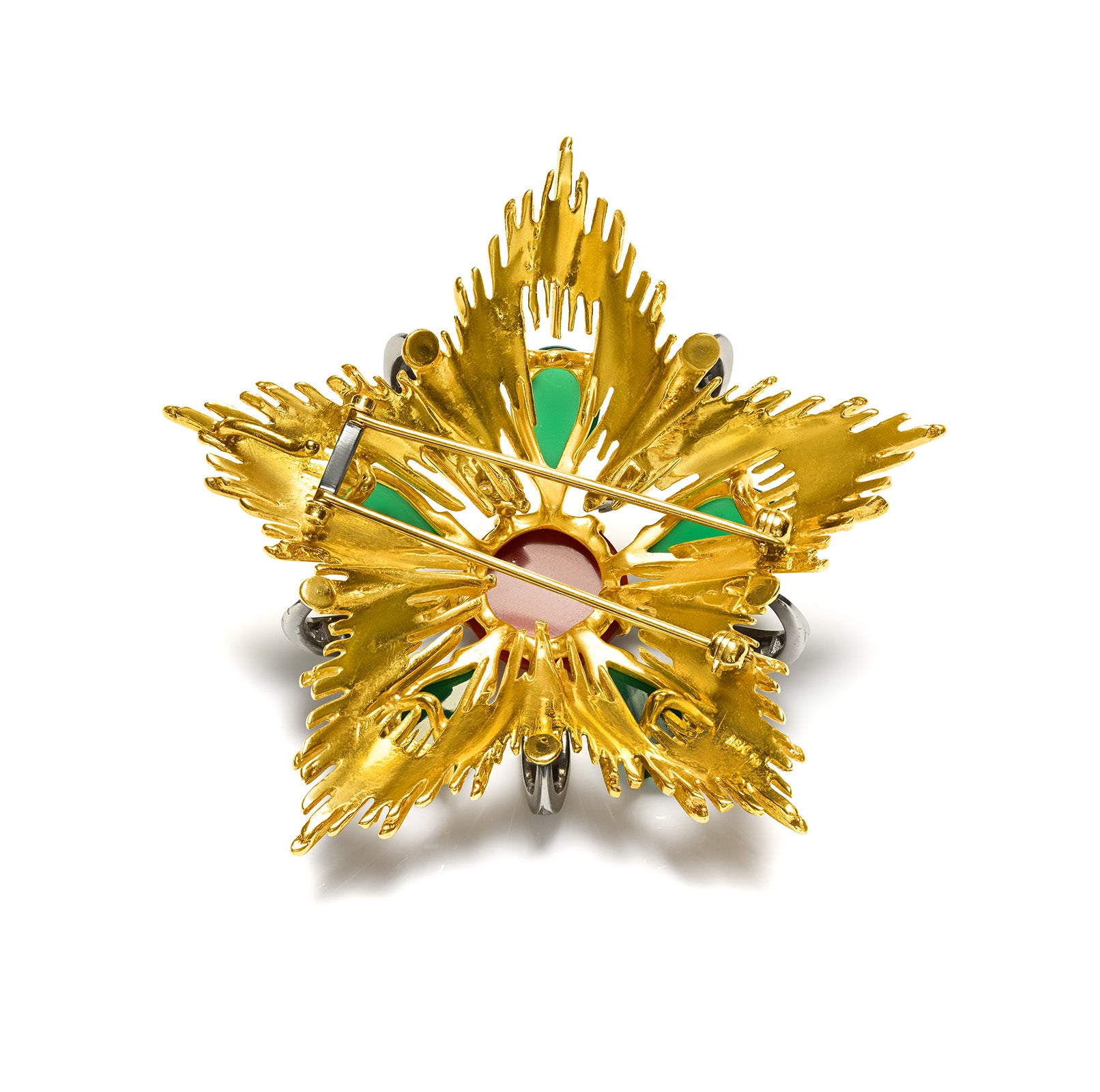 Vintage 1960's Starburst Pendant Brooch with Coral, Chalcedony and Diamonds in 18K Gold