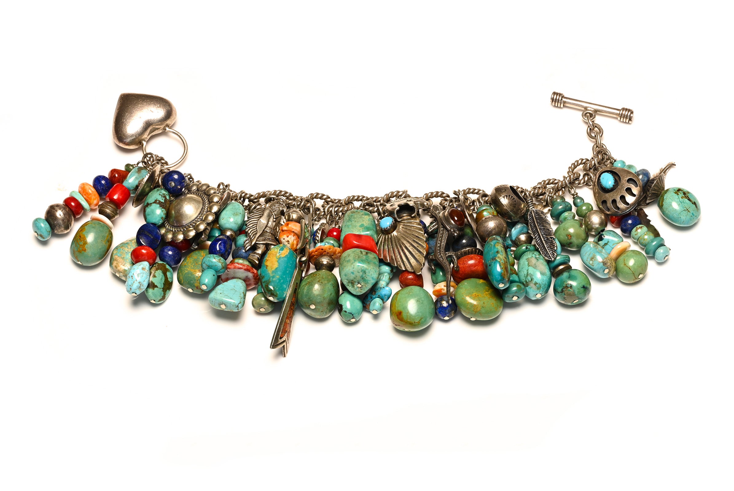 Sterling Silver Turquoise Coral Multi-Charm Bracelet Heart