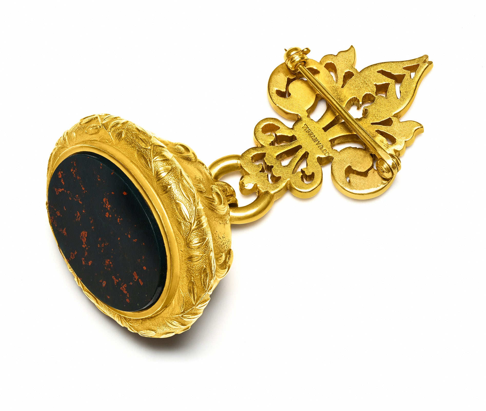 Antique Tiffany Co Bloodstone 18K Gold Brooch