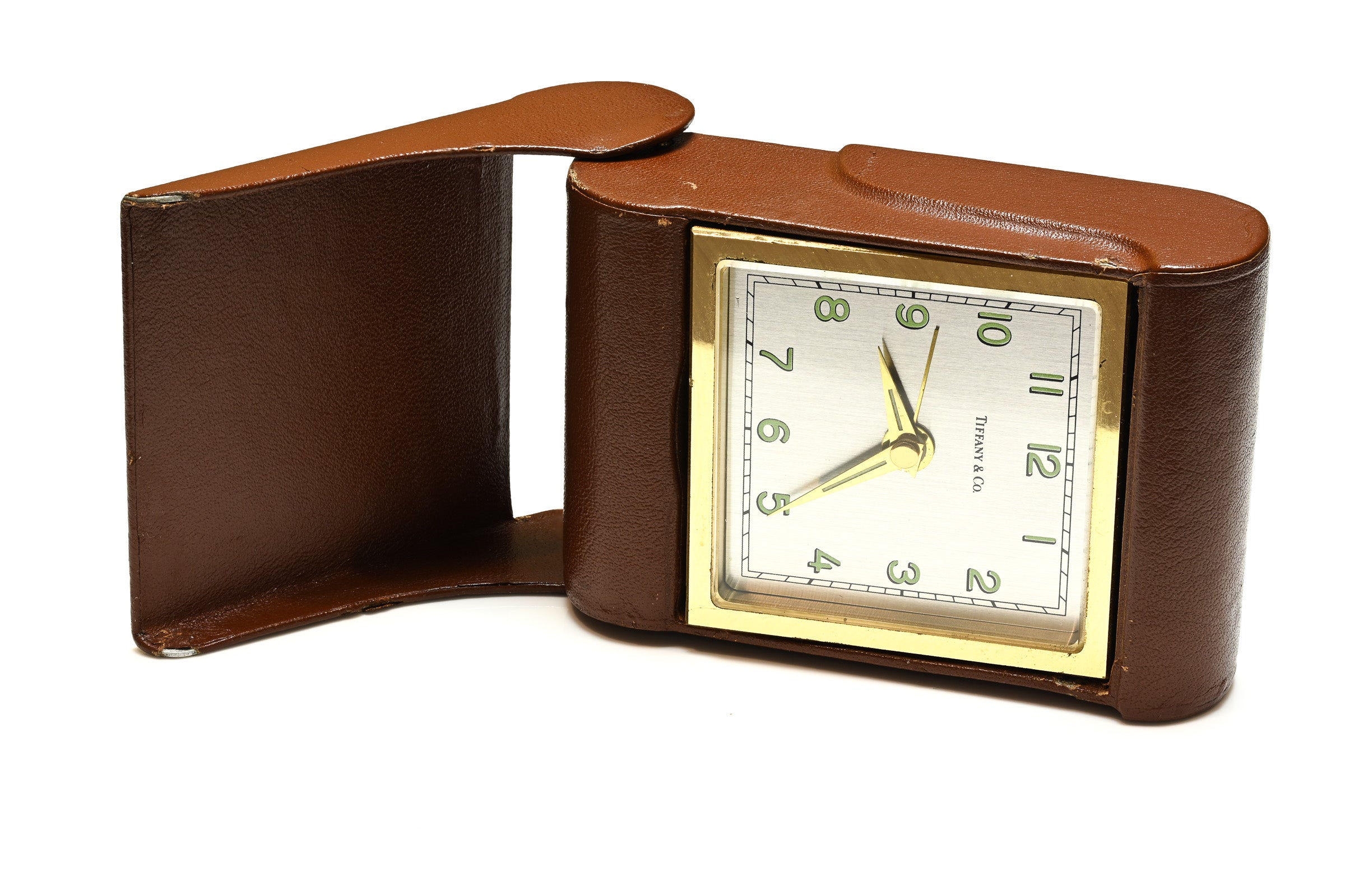 Vintage Tiffany Co. Brown Leather Travel Desk Clock