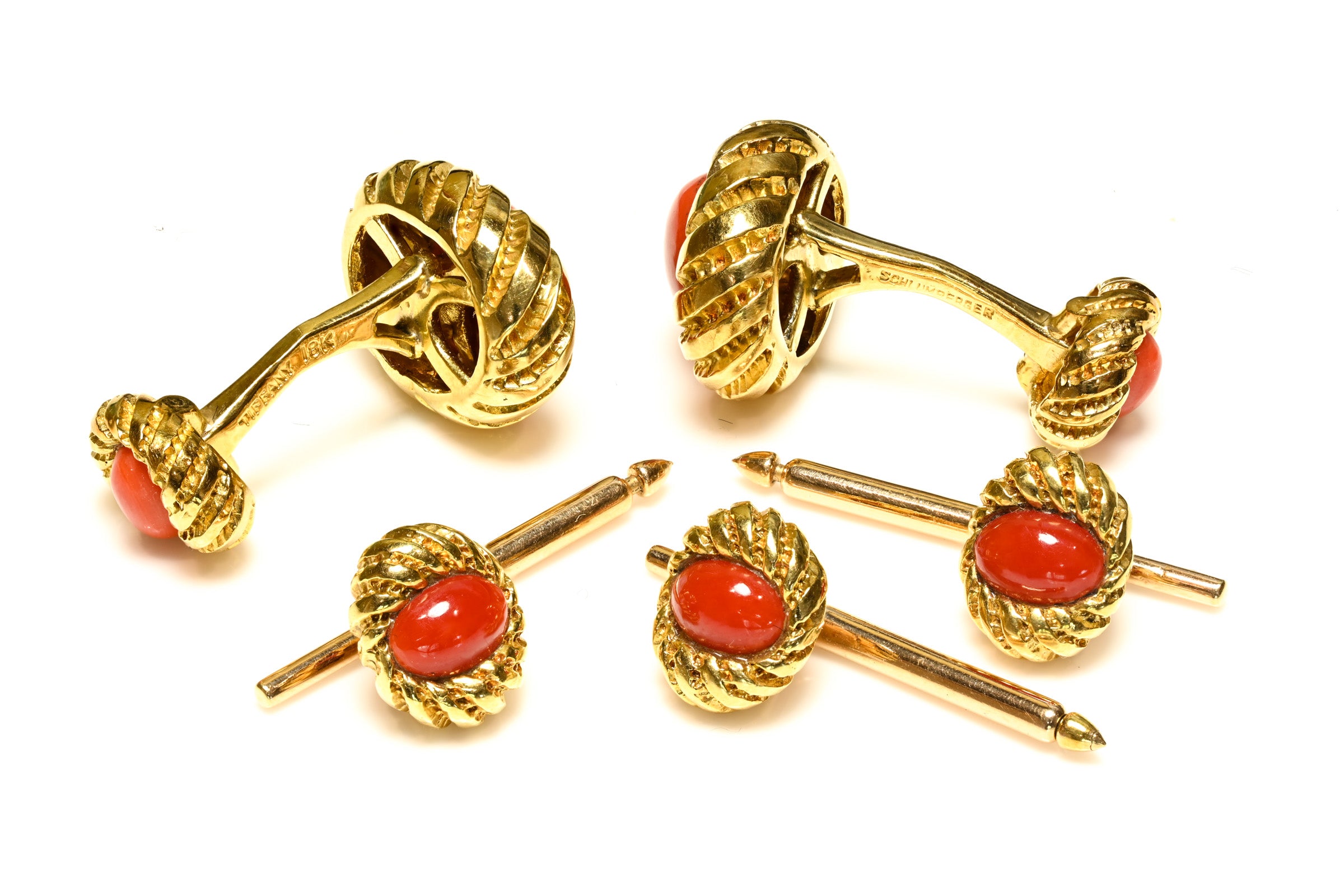 Tiffany & Co. Schlumberger Coral 18K Gold Dress Set with Cufflinks and 3 Studs