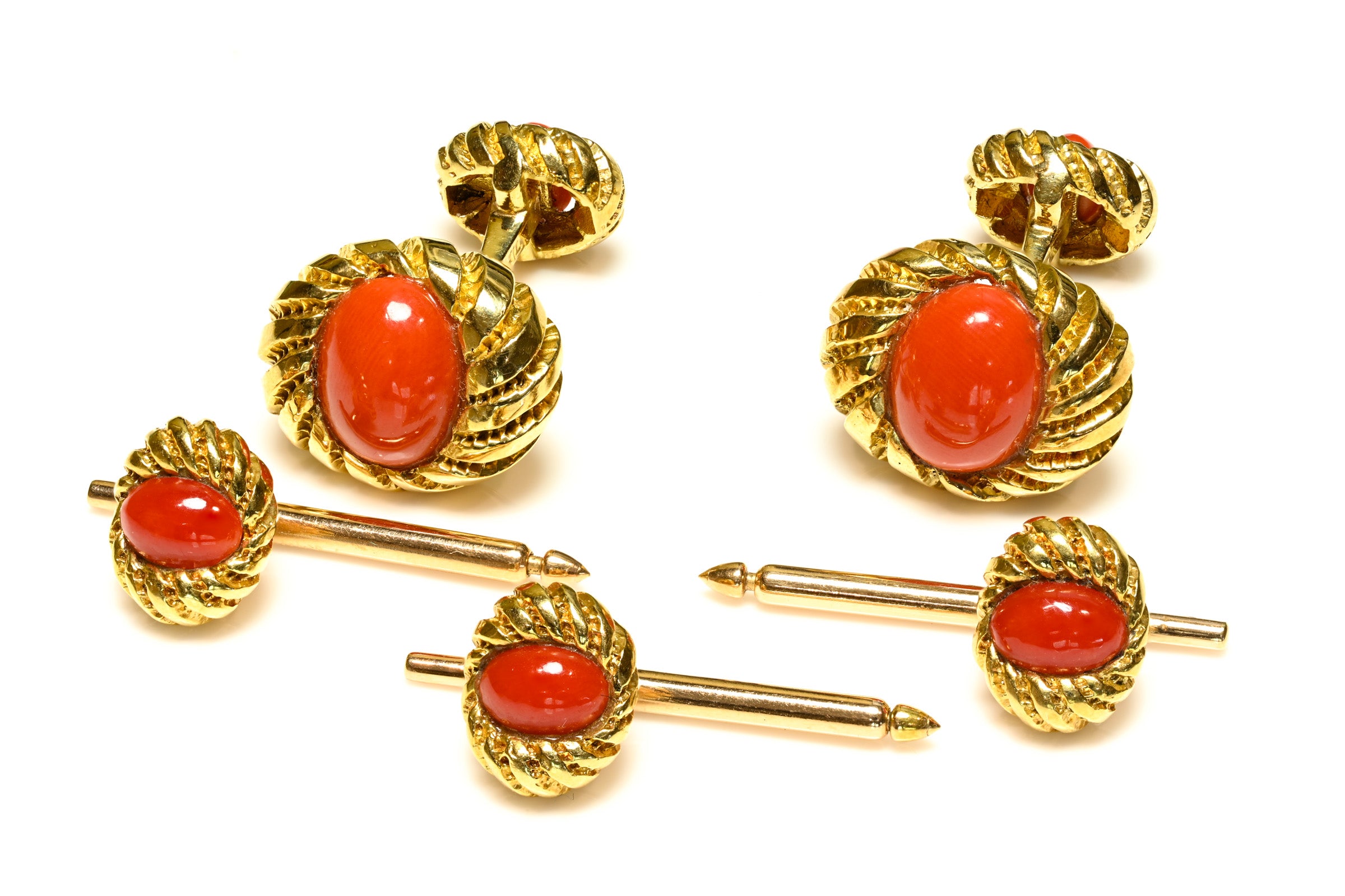 Tiffany Co. Schlumberger Coral 18K Gold Dress Set Cufflinks 3 Studs