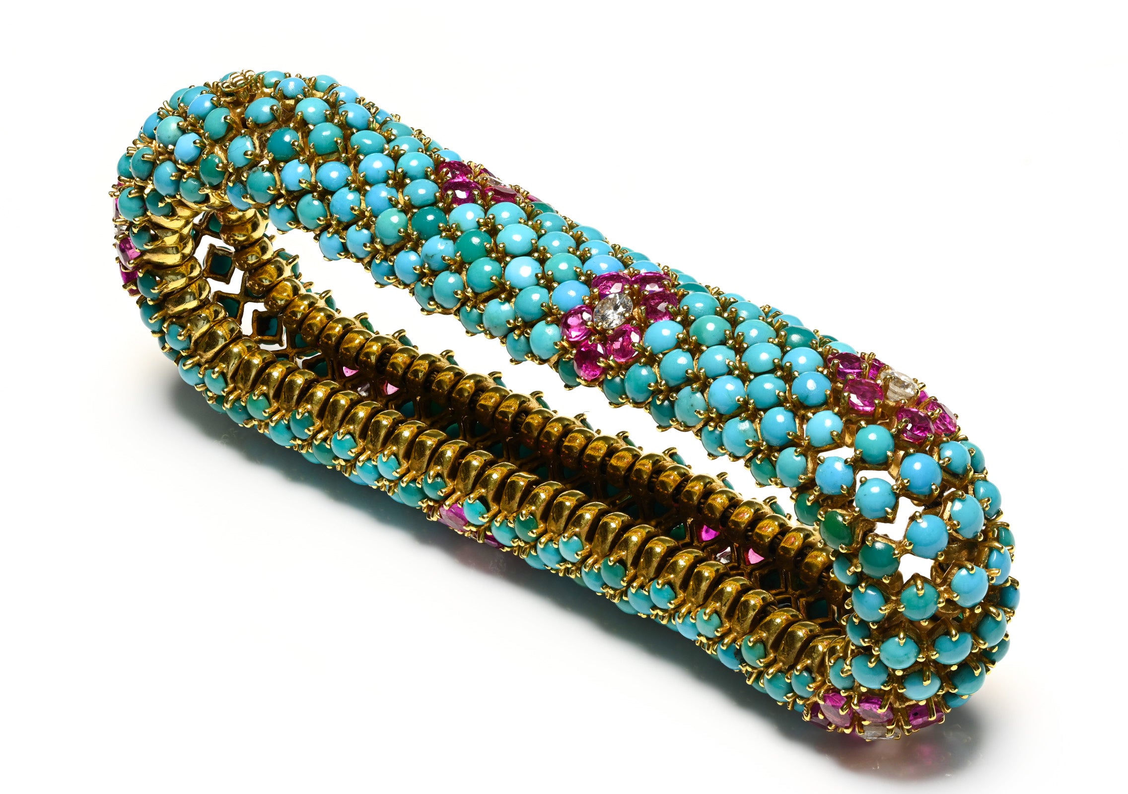 Turquoise Rubies Diamonds 18K Gold Bracelet Couscous