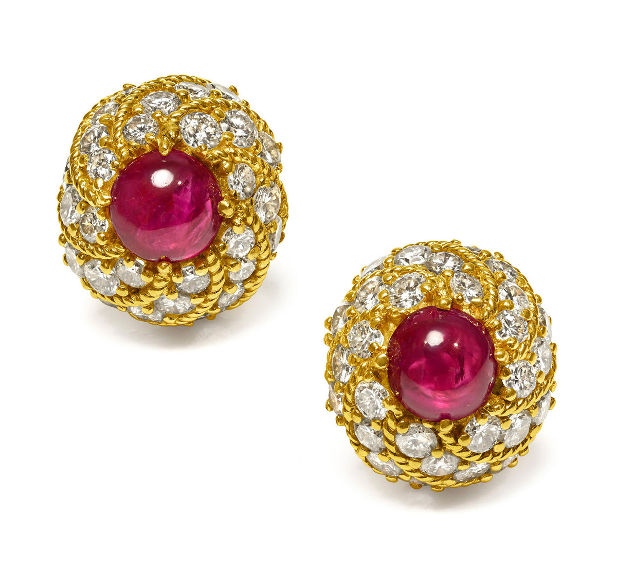 Unheated Burma Ruby and Diamond Dome Clip-On Earrings in 18K Gold