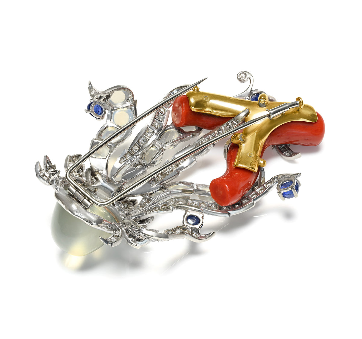 Vintage Unique Undersea Creature Coral Moonstone Sapphire Diamond Brooch Back