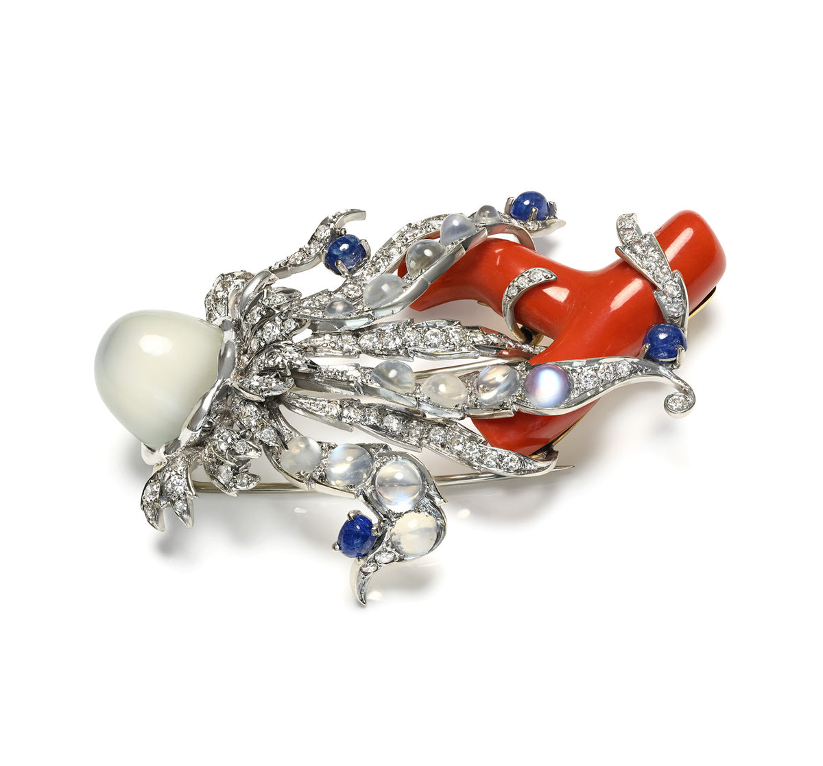 Important Coral Moonstone Sapphire Diamond Brooch