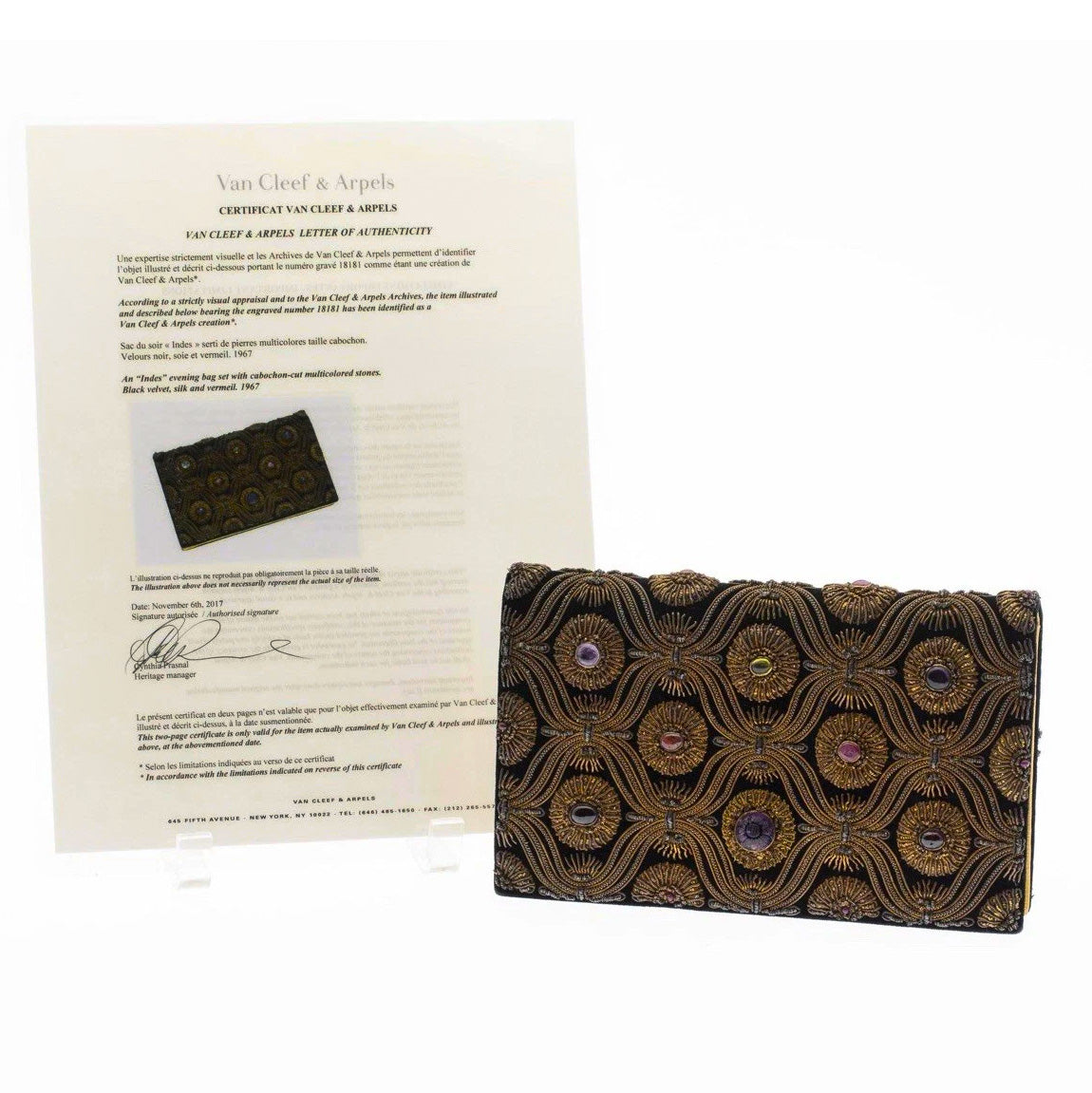 Authentic Van Cleef & Arpels “Indes” Evening Bag in Black Velvet with Cabochon Gemstones